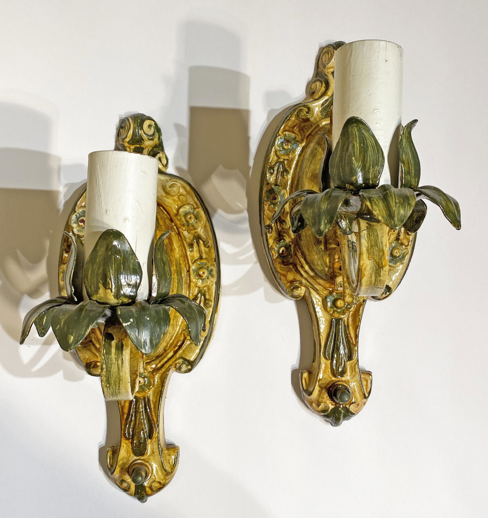 Pair Art Deco Tole Sconces: 11 in long 4.5 in wide and 7 in deep must be hardwired