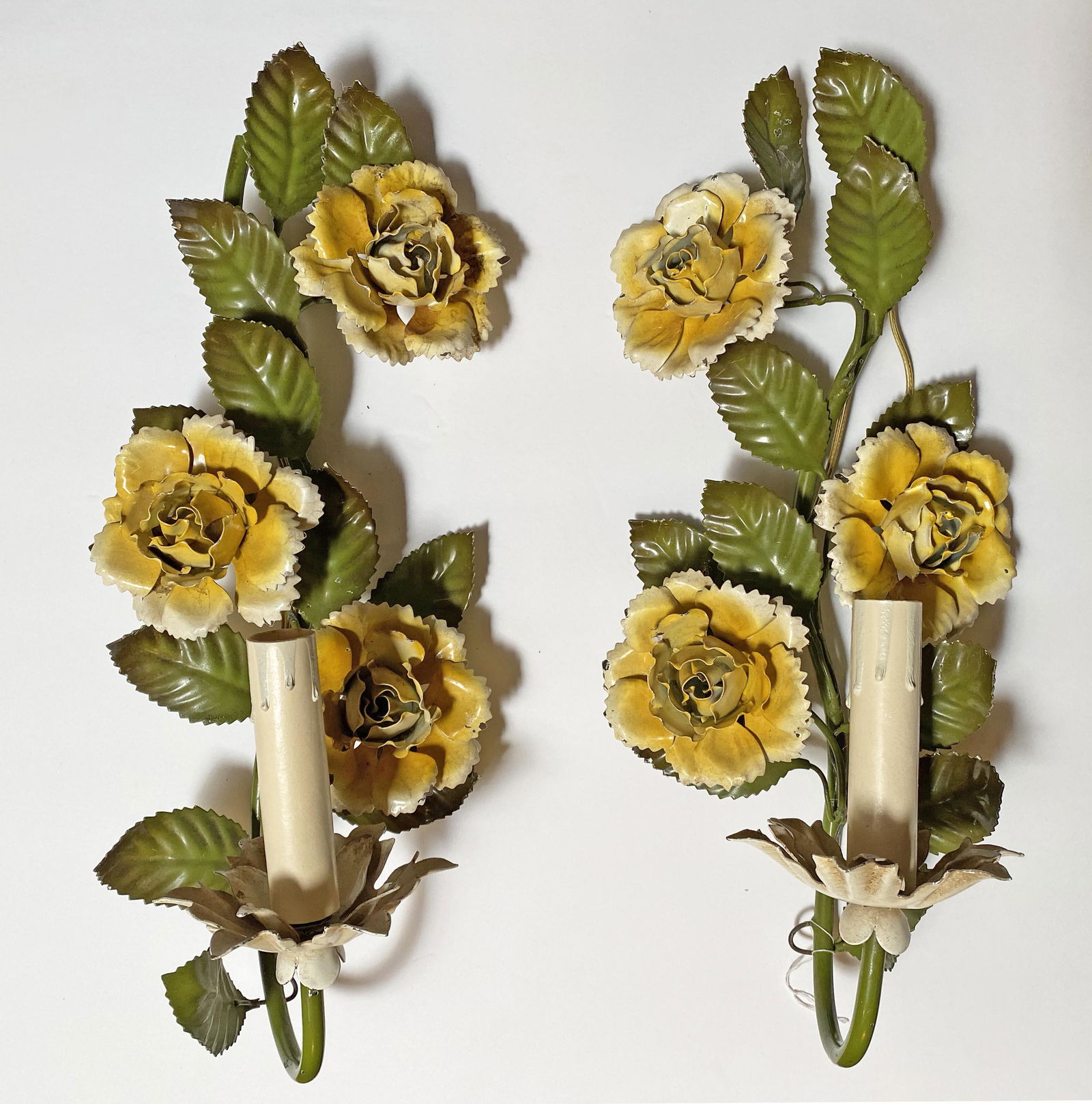 Pair Vintage Tole Wall Sconces Yellow Roses (1 of 4)