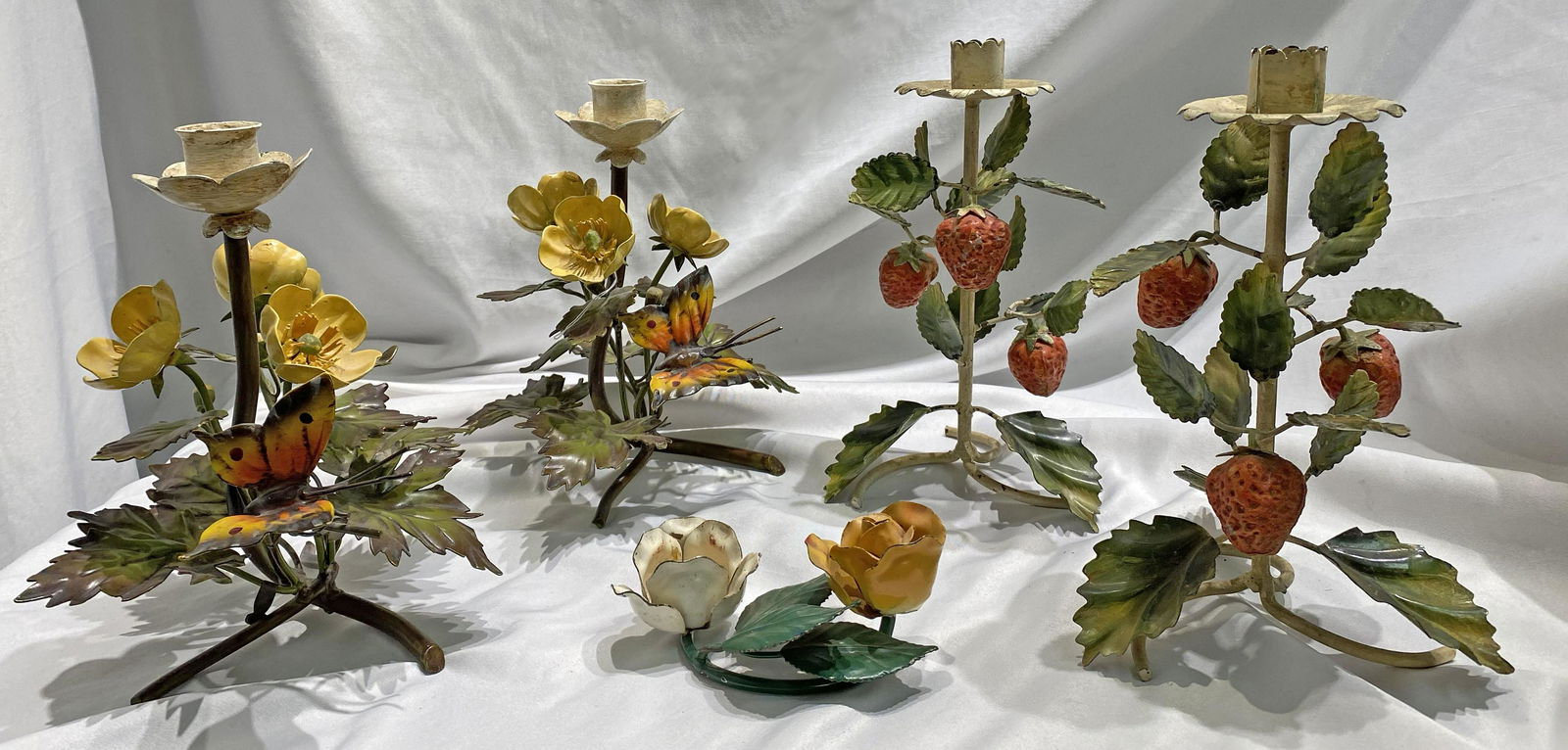2 pr Tole Candleholders Strawberries, Flowers, (1 of 5)