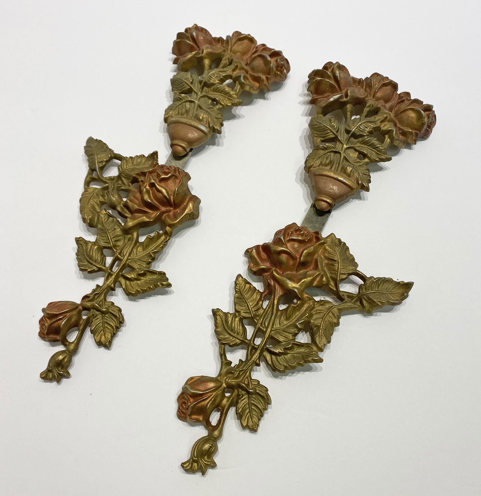 Pair 1920's Cast Iron Curtain Tie Backs Roses signed (1 of 3)