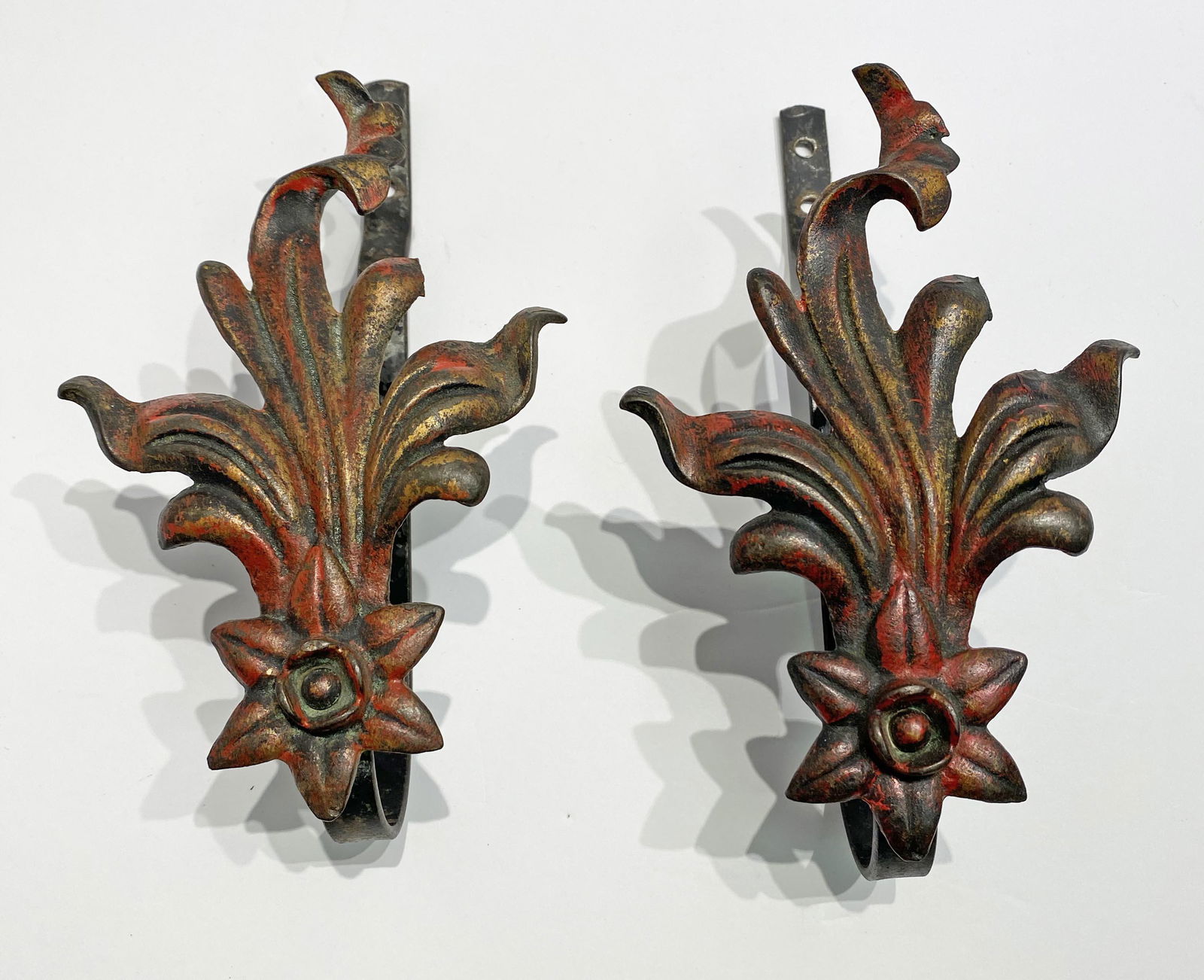Pair Art Deco Cast Iron Curtain Tie Backs red flower (1 of 3)