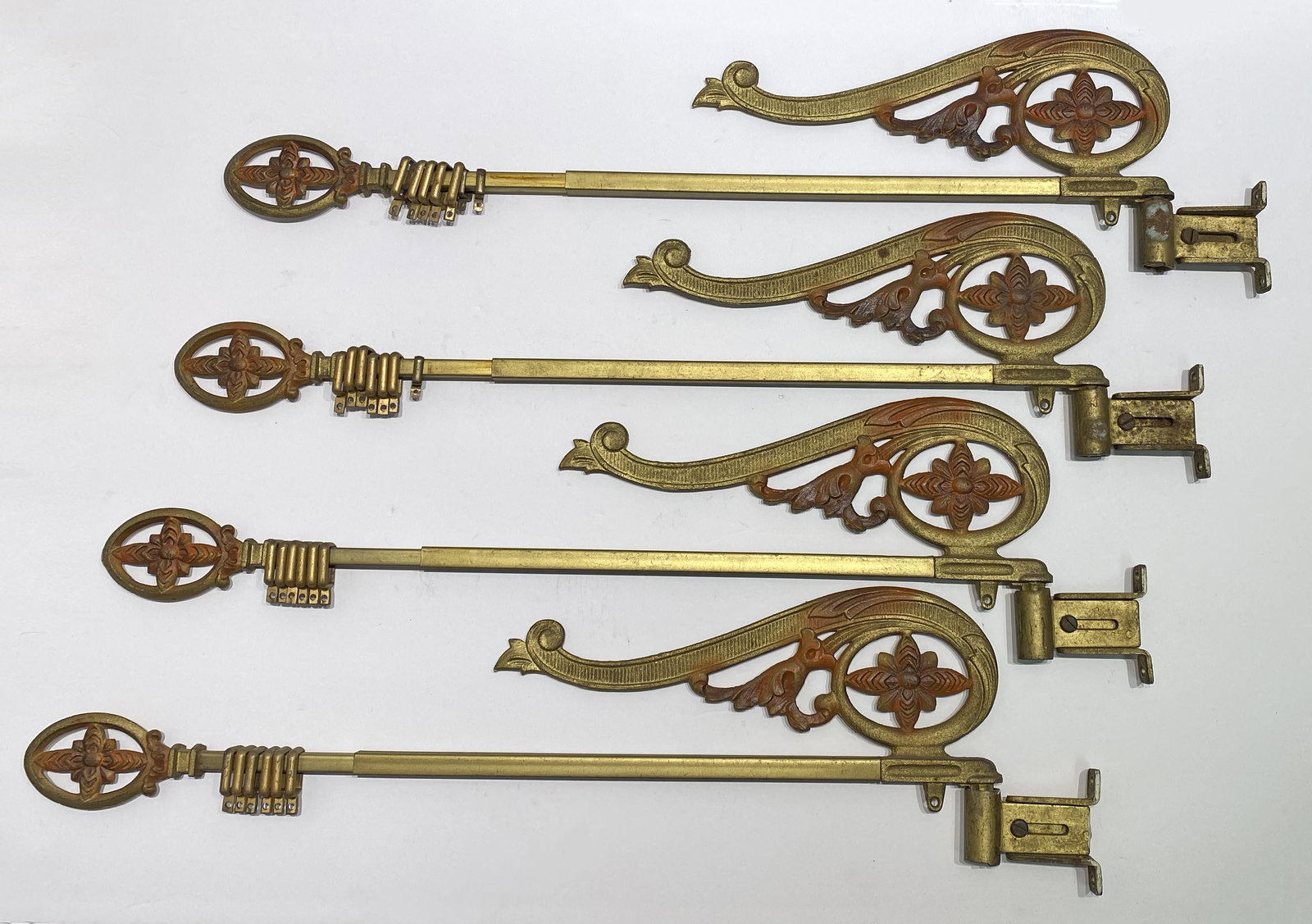 Set 4 Victorian Curtain Tie Back Swing Rods: 8 in long 3 in wide, 2.75 in deep