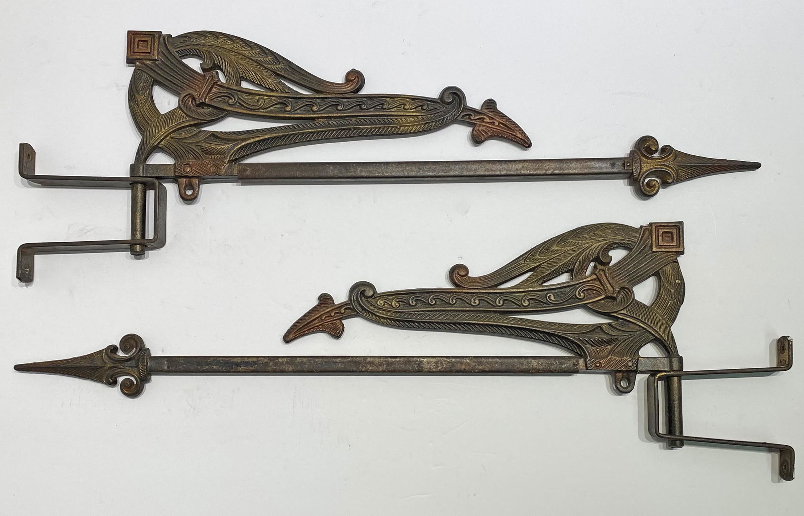 Pair Early Art Deco Curtain Tie Back Swing Rods: 19 in long 3.75 in deep