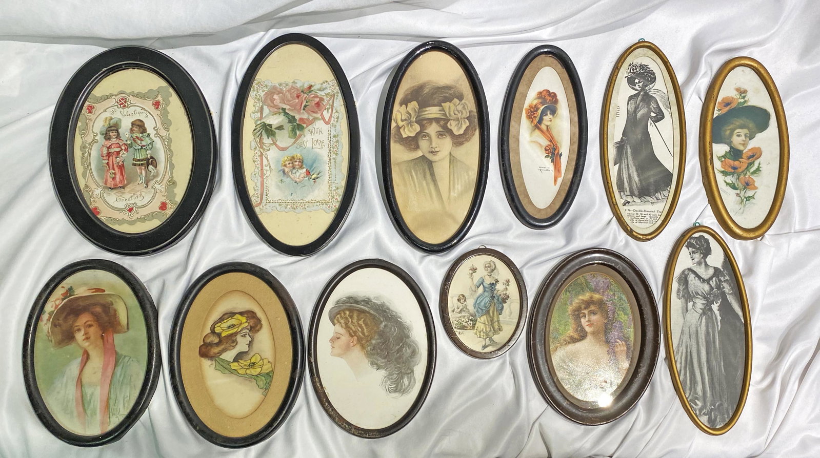Collection 12 Victorian Gibson Girl Prints in Oval: collection of various women prints, some Valentine's