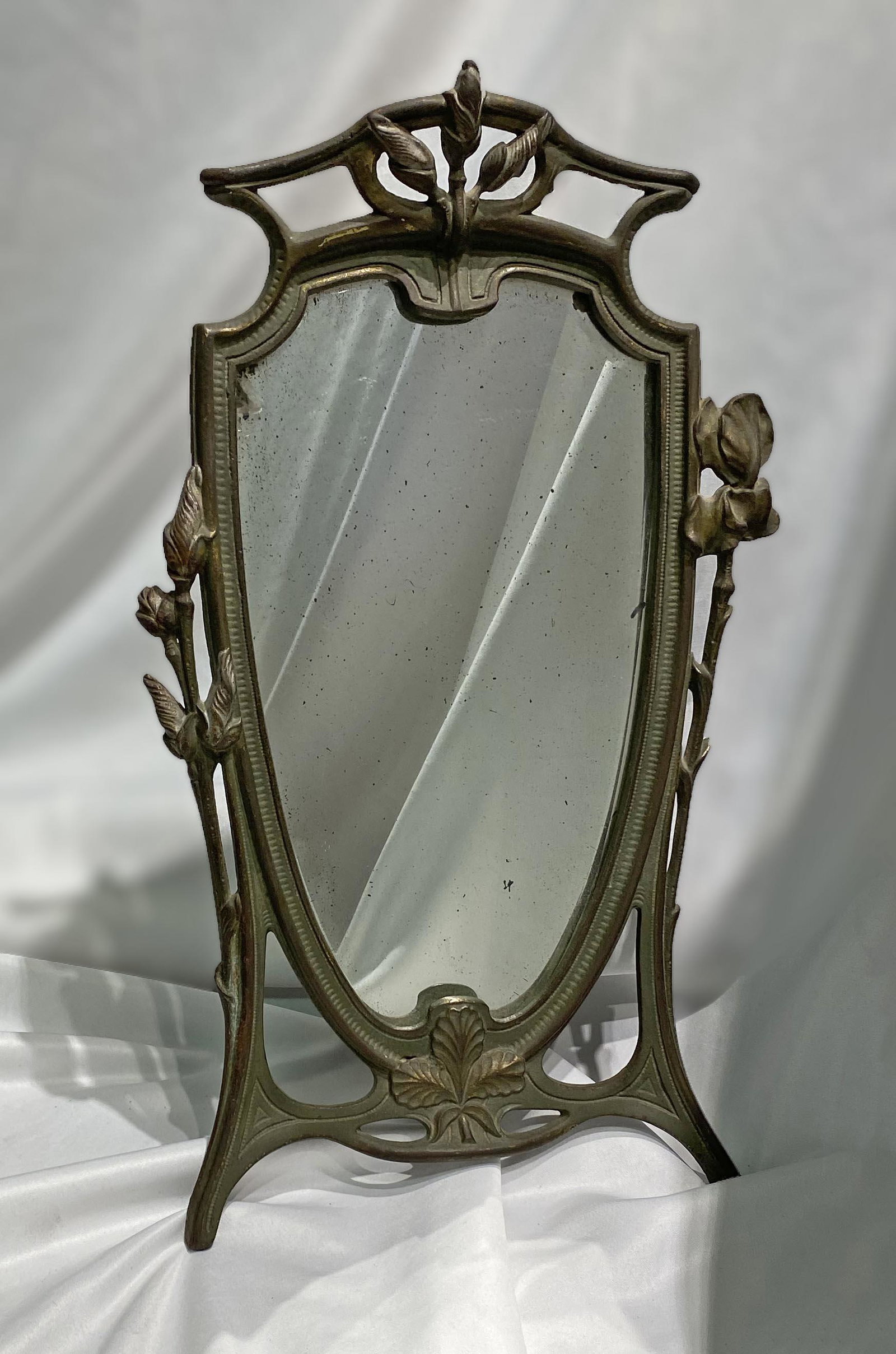 Cast Iron Art Nouveau Mirror Orchids: Mirror has a crack in corner 14.75 tall by 9 in wide