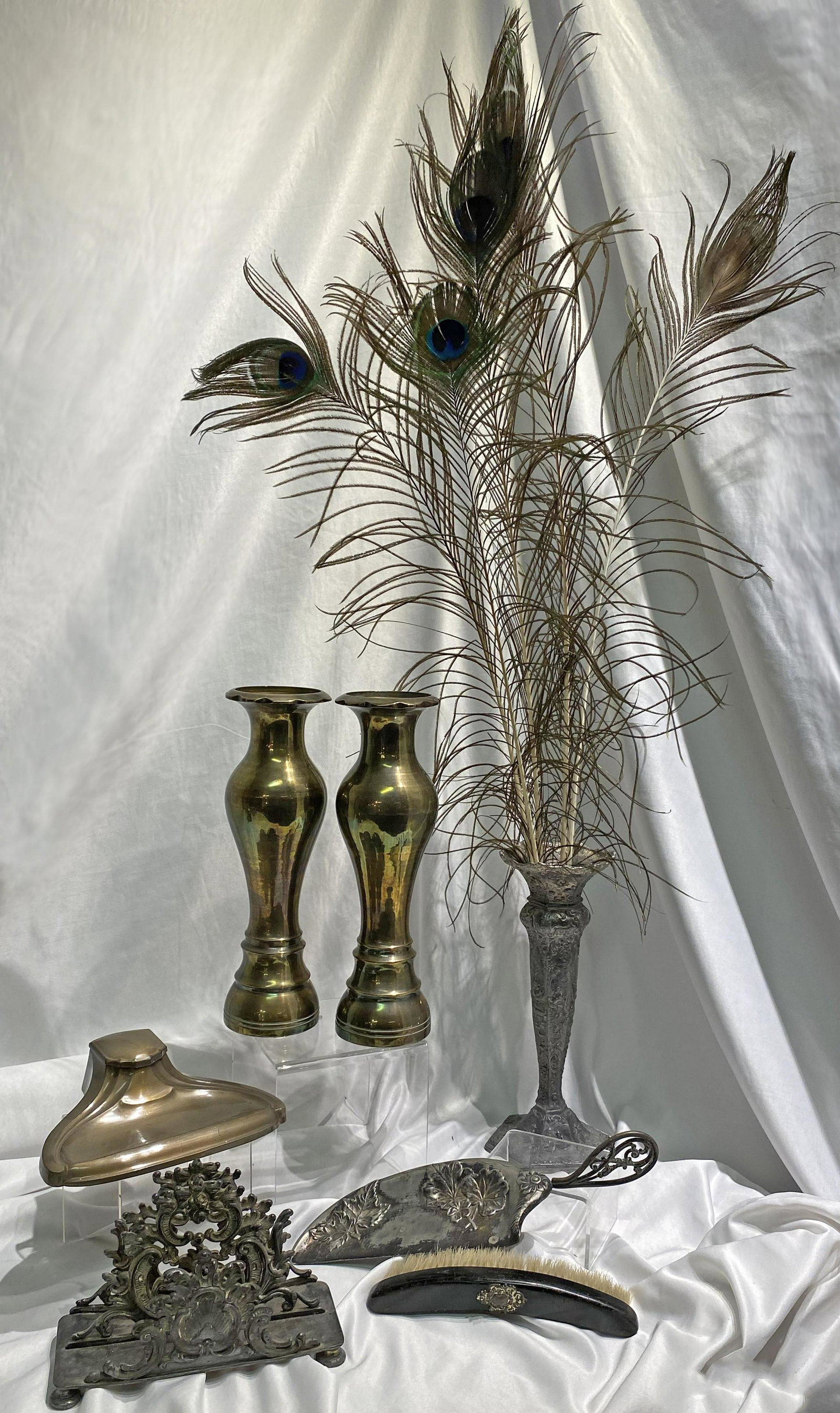 Collection Victorian Brass Metal Items: 7 pc letter holder, inkwell, vases, brush, crumb catcher