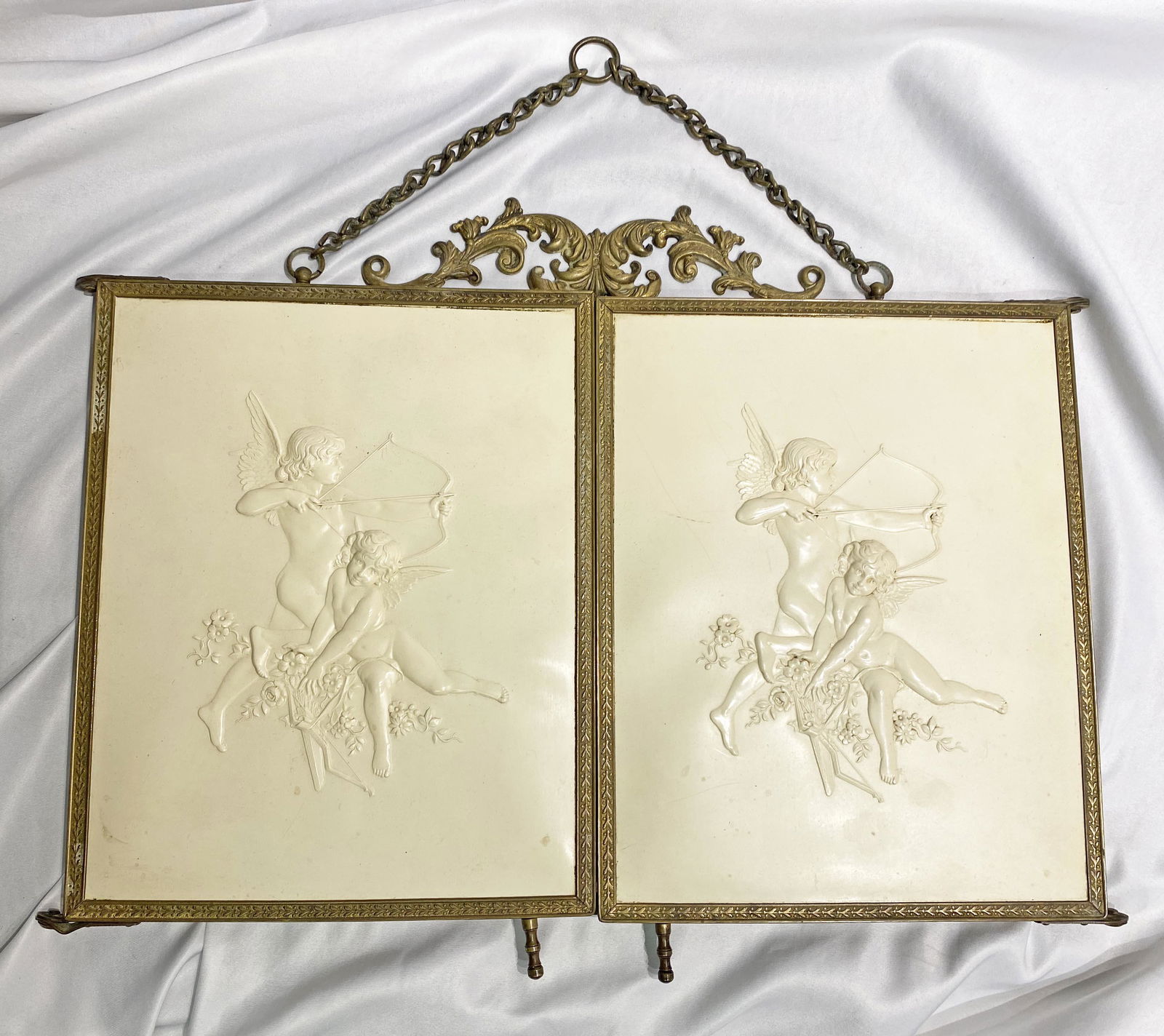 Victorian Celluloid tri fold beveledMirror w Cupids (1 of 4)