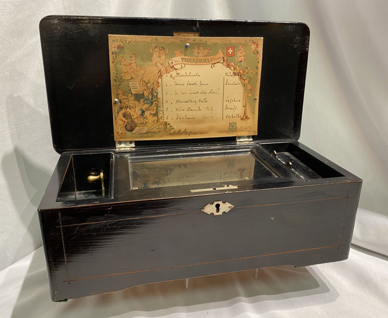 Victorian Cylinder Music Box: works measures 14.5 long by 7.5 in deep and 5 in high