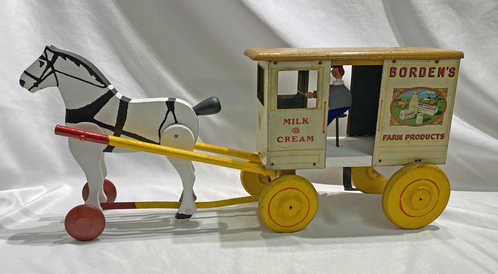 Borden's Horse and Wagon Toy: yellow as found 19.5 in long