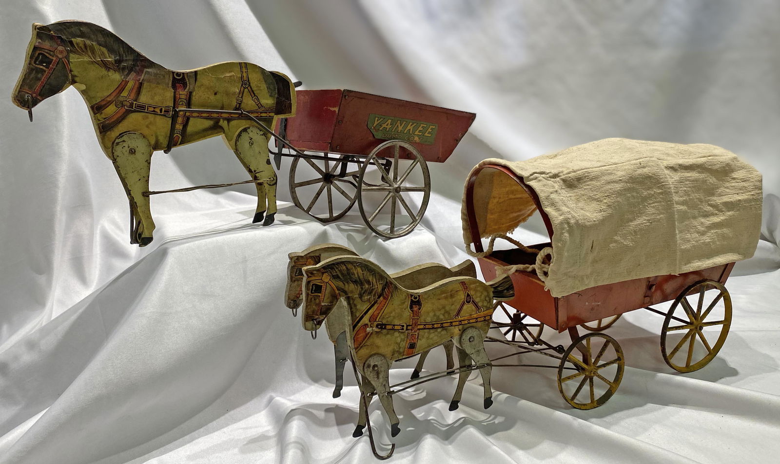 2 Antique Horse Wagon Pull toys Yankee Dump Cart (1 of 5)