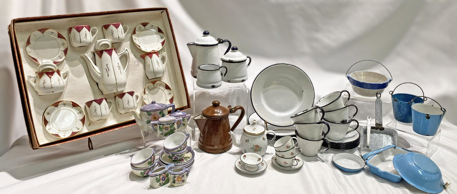 Collection Antique Enamel & Porcelian Toy Dishes: wonderful assortment