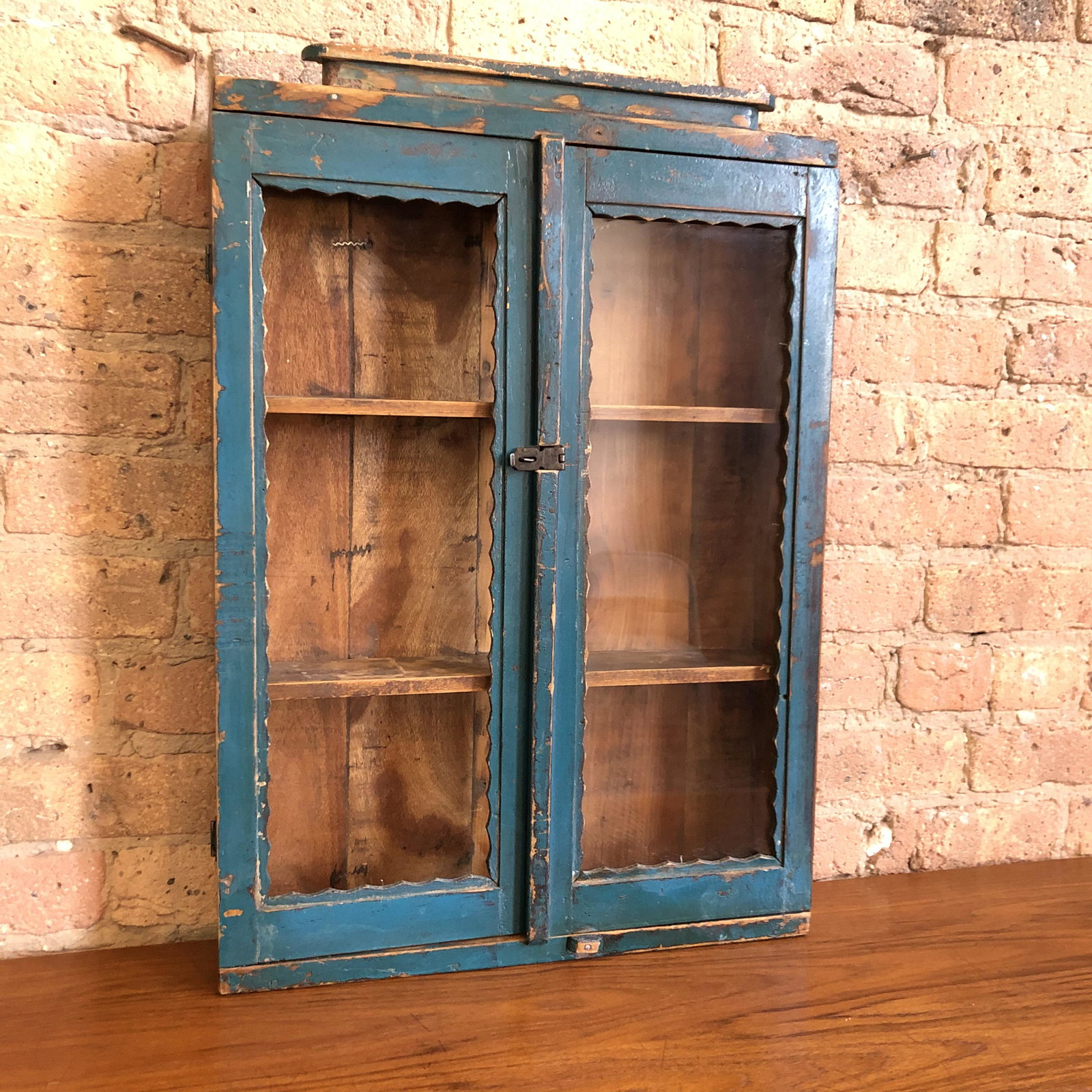 Folk Art Medicine Cabinet: 18 by 25.25 by 4.25 deep missing one side of glass
