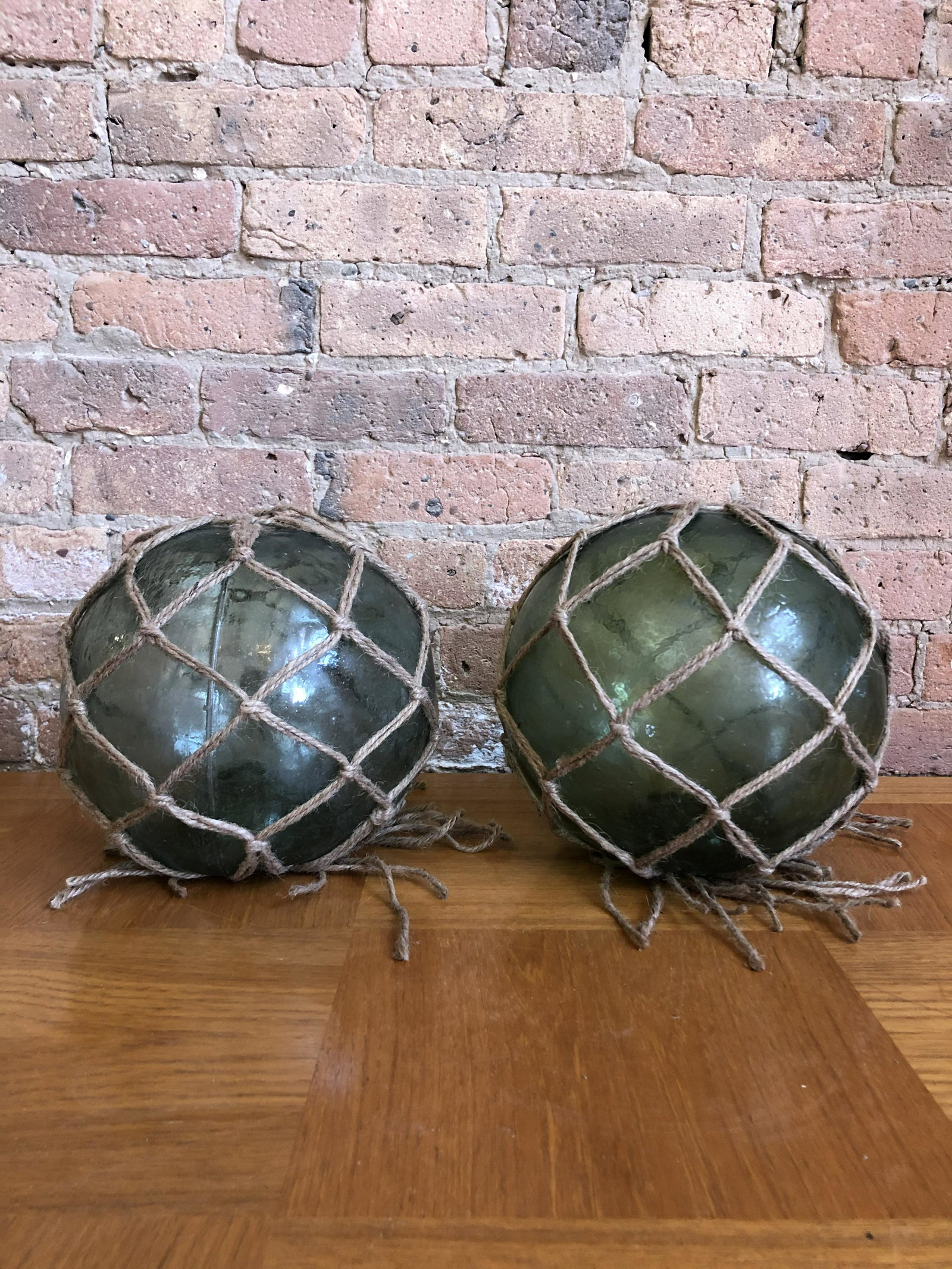 Pair Nautical Glass Buoys with Rope: 10in diameter