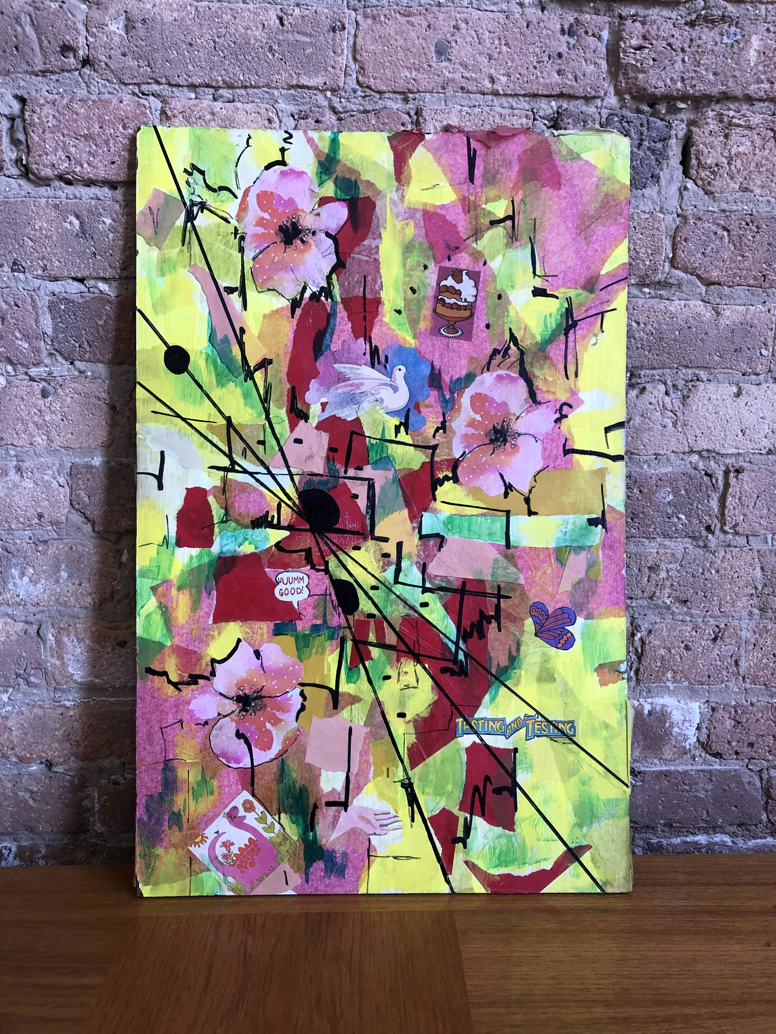 Mid Century Mixed Media Pop Art Pink and Yellow (1 of 1)