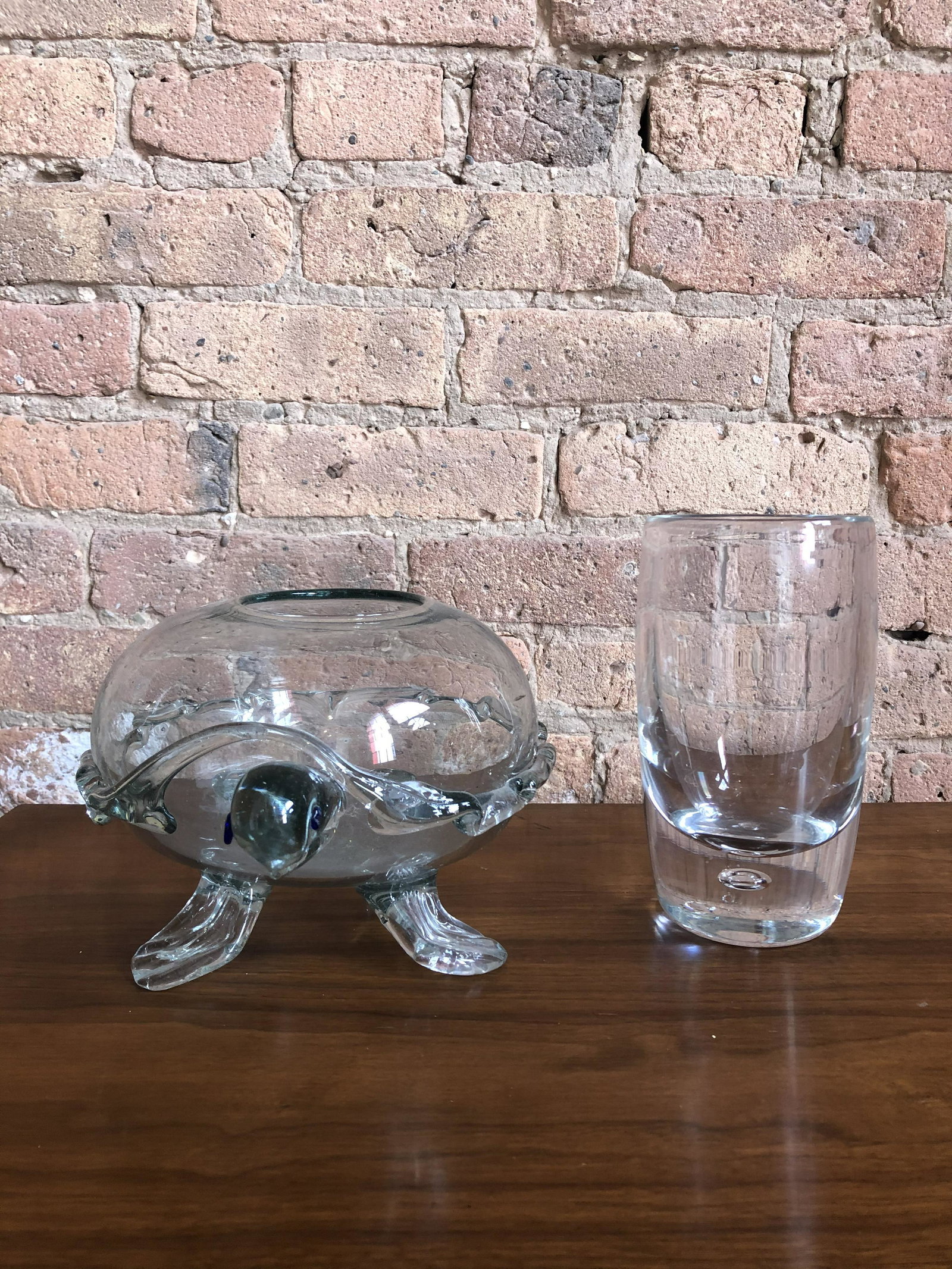 2 pc Mid Century Glass Turtle: 10 in tall, 7 in wide