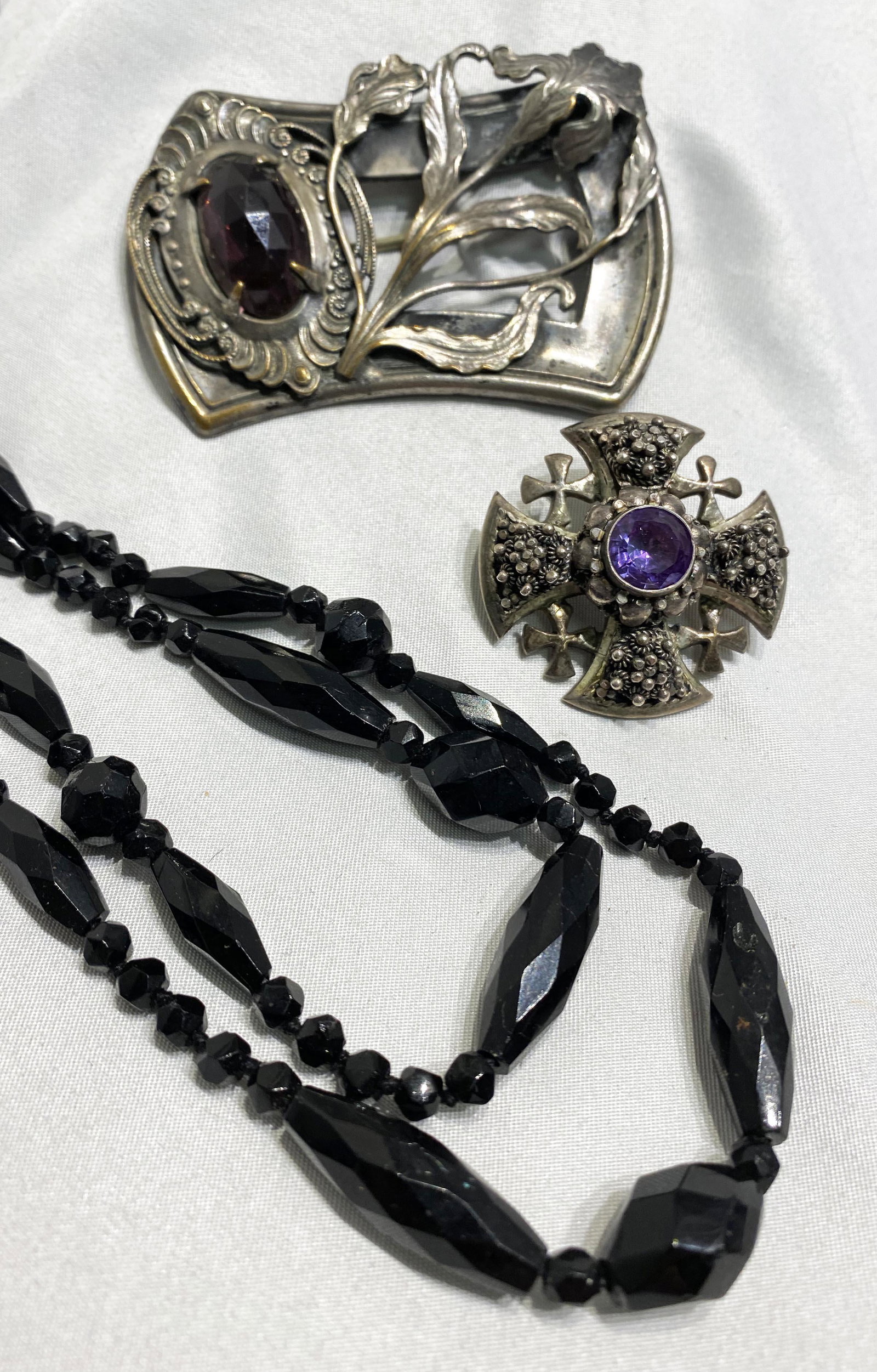 Art Deco Jewelry Lot Sterling Maltese Cross Jet Beads: 3in on large, cross is 1.5 in, beads are 54 in long