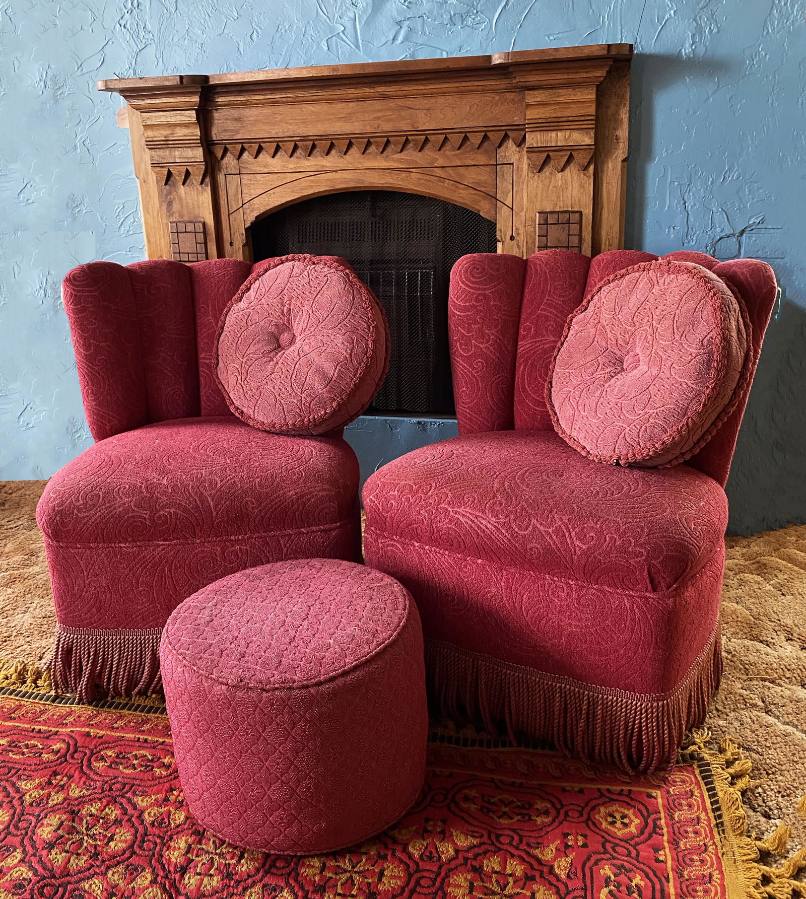 Pair Pink Mid Century Modern Chairs w pillows & ottoman (1 of 4)