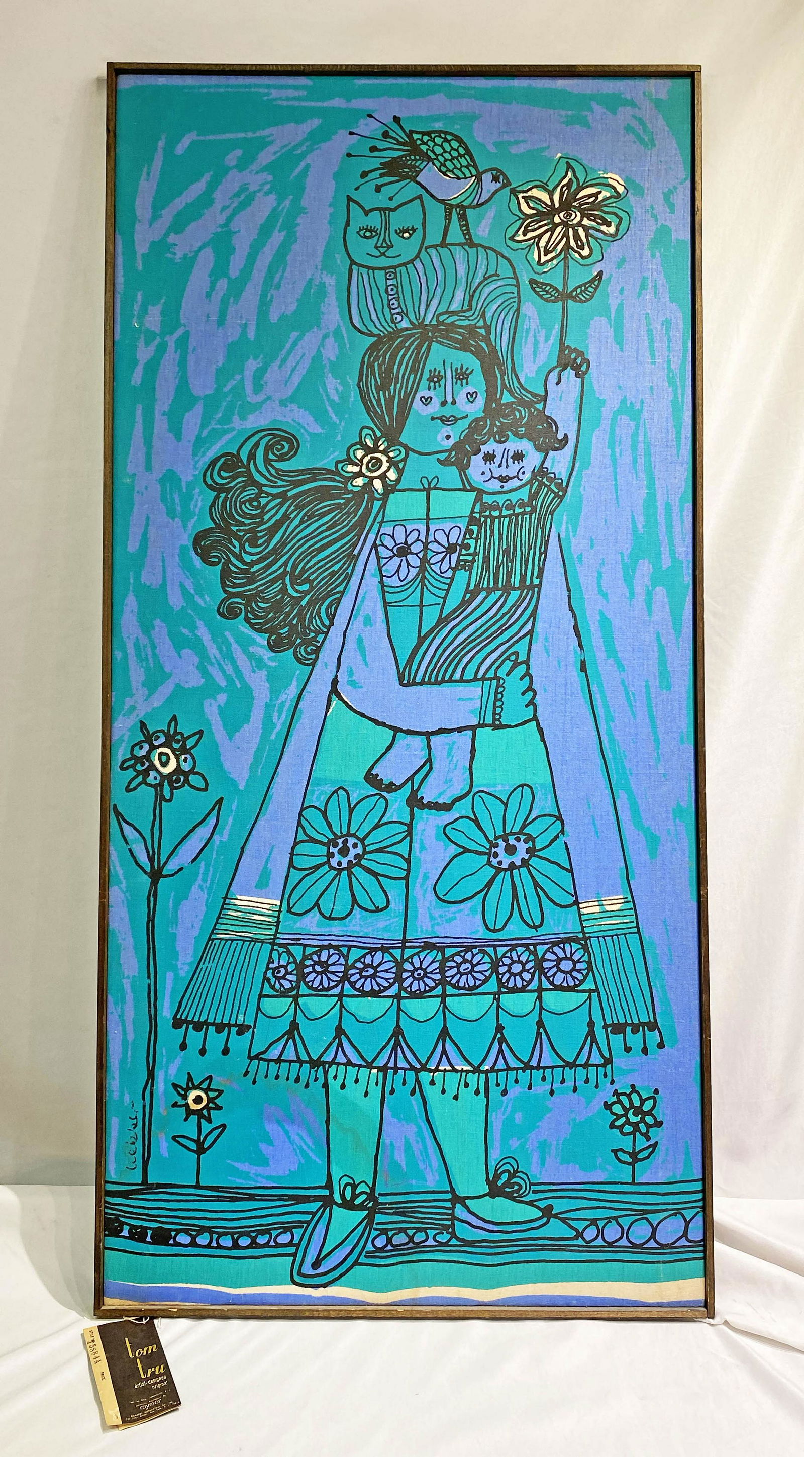 Raymor Tom Tru Framed Seriograph on Fabric Mid Century: 47.5 in w by 22.5 in tall