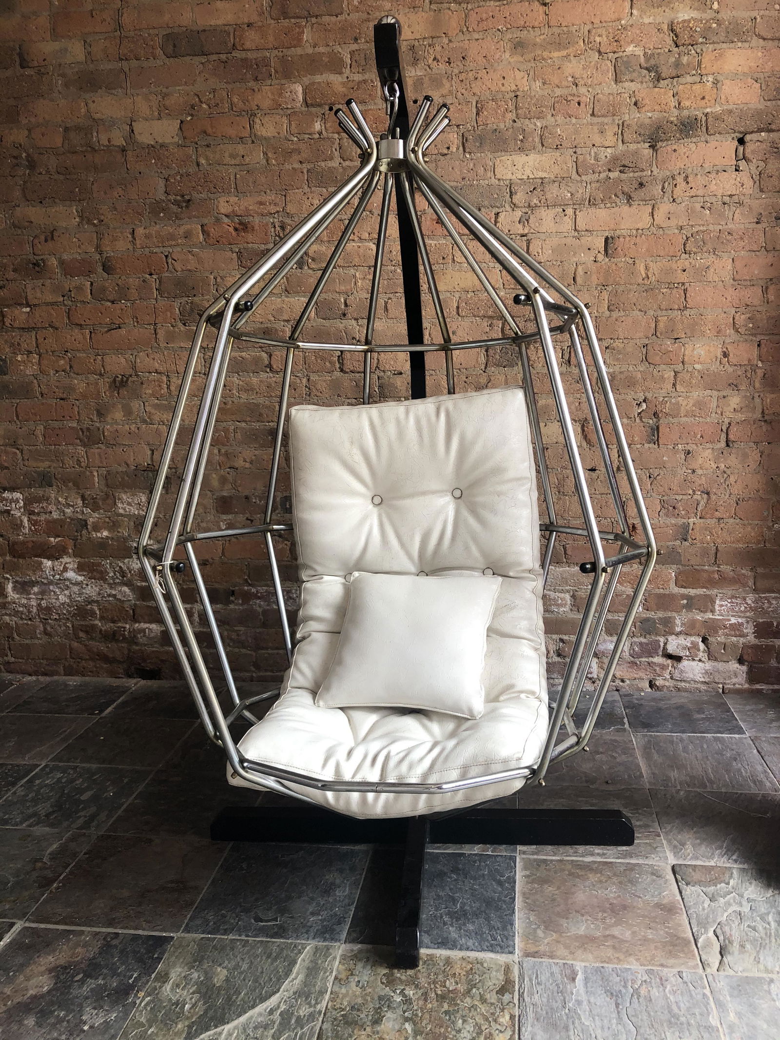 Ib Arberg 1970s Parrot Cage Swing Chair vinyl cushion: appropriate age wear, 64 in tall & 36 in wide, chair w 25, seat width 15,