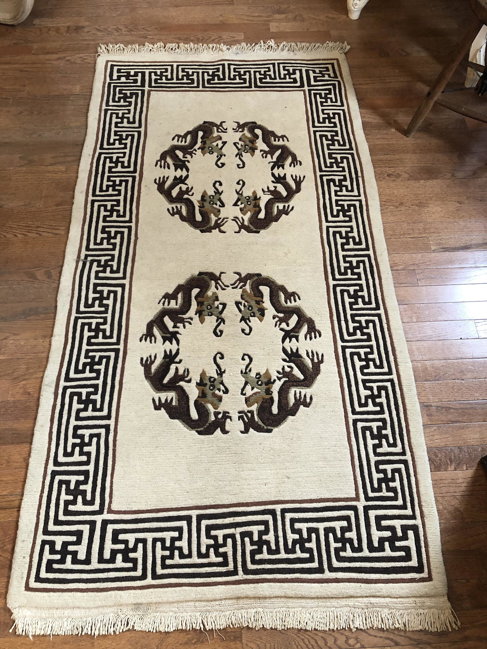 Mid Century Oriental Rug w Dragon Motif: 75in by 37 in width