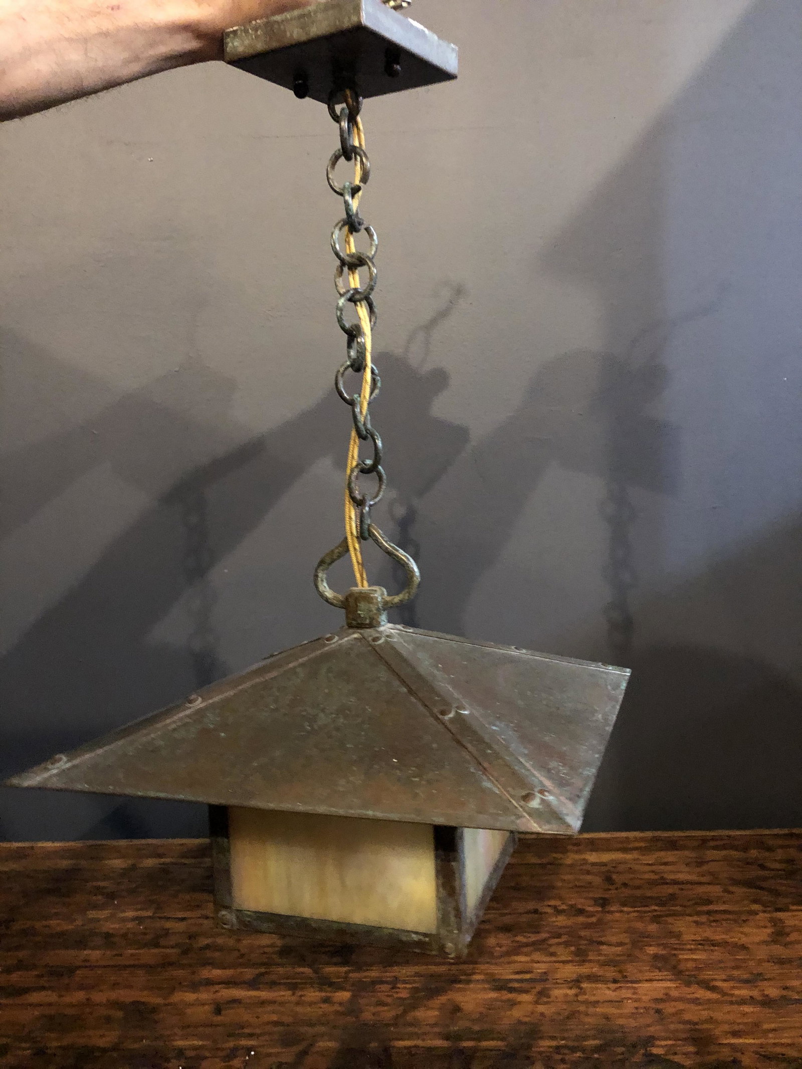 Arts & Crafts Hangling Light Fixture by Arroyo: 20 inches long at longest ( can be shortened ) the fixture is 12 in by 12 in