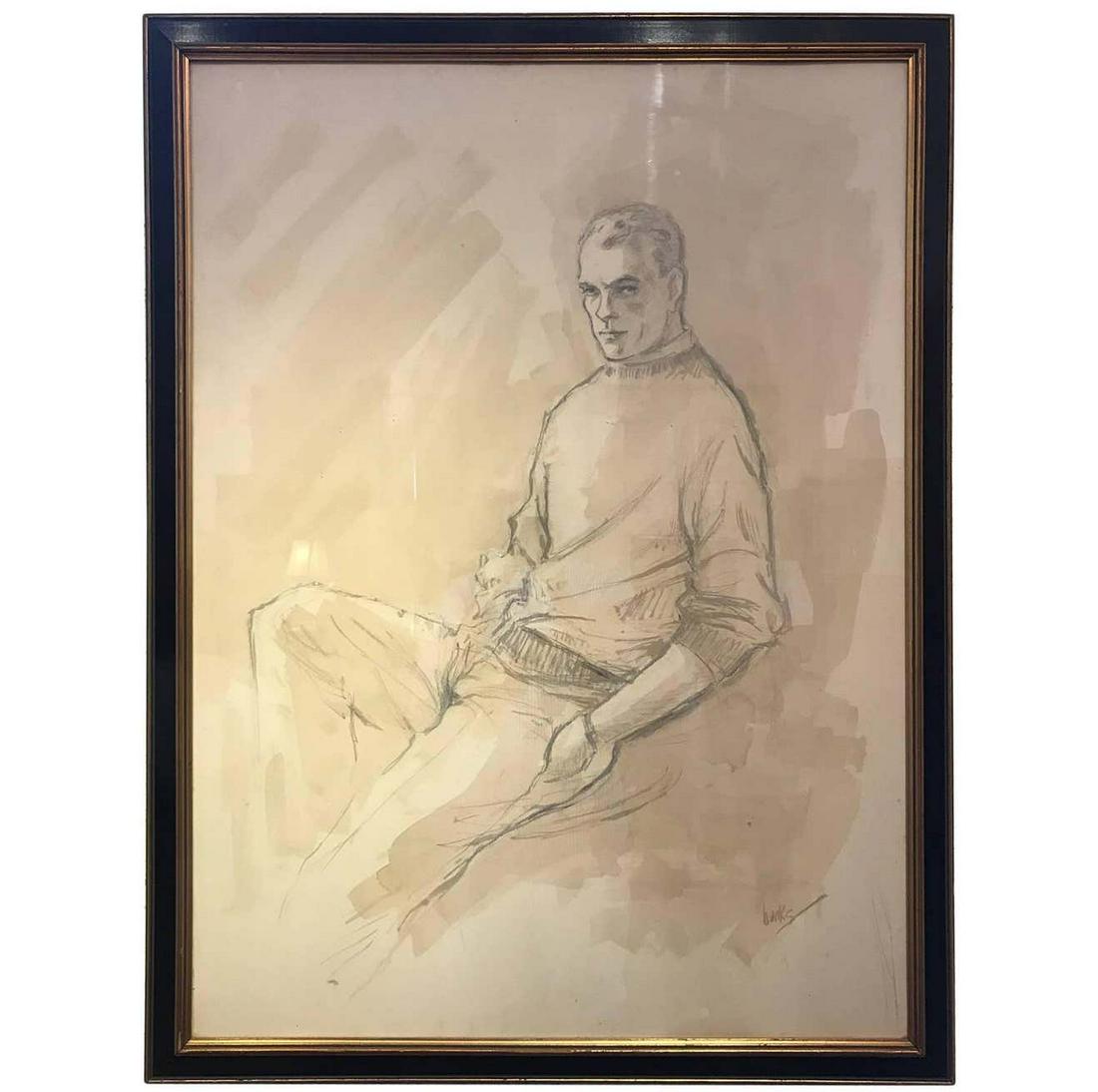 Elegant Large Male Portrait: Ink and wash large scale portrait of a seated Walton Cox. The work is signed Banks. Beautifully framed.Wear consistent with age and use.Height: 44 in. (111.76 cm)Width: 34 in. (86.36 cm)Depth: 2 in. (