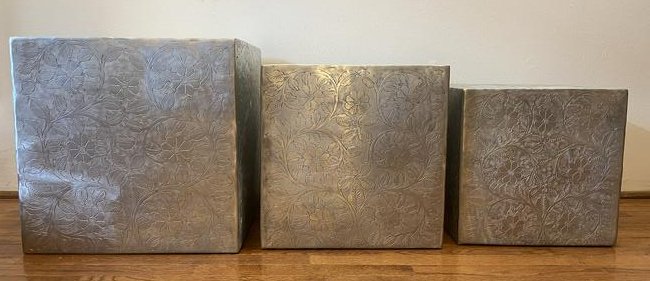 Embossed Metal Nesting Block Tables: Largest 18.25 by 18.25 by 18.25 smallest 14.25 by 14.25 by 14.25