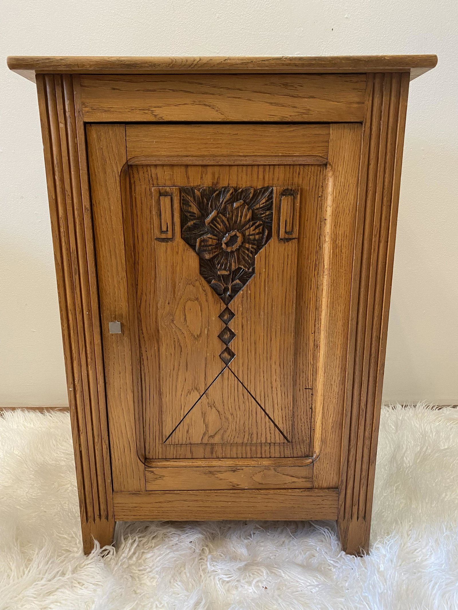 English Arts and Crafts Oak Night Table: Antique original finish 3 shelves door opens and closes smoothly 31.5 in tall 21.5 by 19