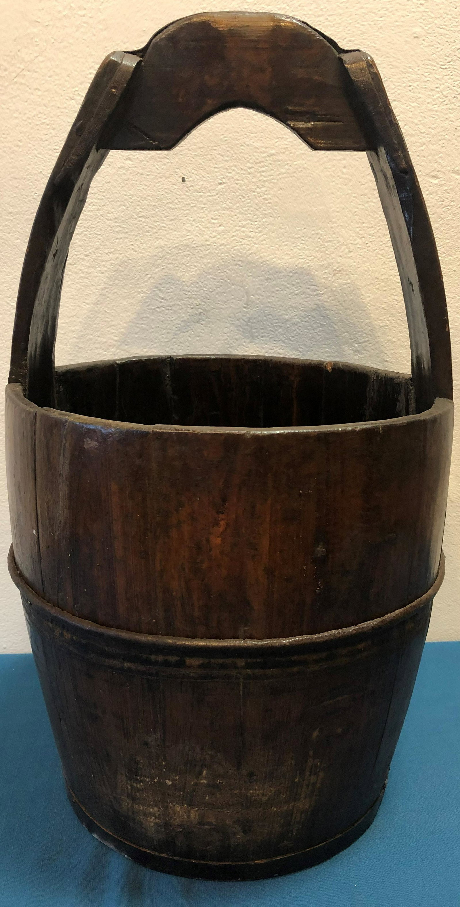 Chinese Water Bucket: 24 in tall and 12 in wide has hand hammered metal trim