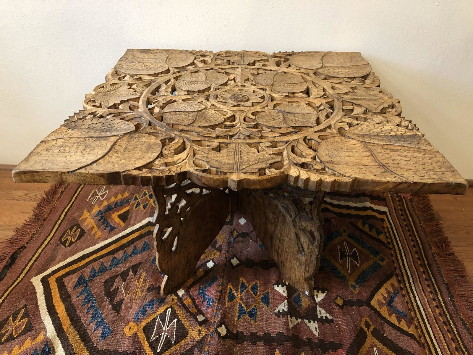 Carved Wood Coffee Table India: 27 1/2in base x 18 1/2in T