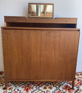 Paul McCobb Calvin Gentlemans Chest: 50in at tallest x 43in T to counter x 48in W x 19in DDressing Mirror and 2 Drawers on Top 5 Graduated Drawers & 18 slide out shelves Doors and drawers all operate as they shouldLight wear overall, age