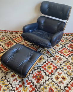 IMO Eames Lounge Chair & Ottoman Navy Blue: Lounger: 34in T to back x 21in T to seat x 27 1/2in W x 36in D Ottoman: 16in T x 20 1/2in W x 19in D