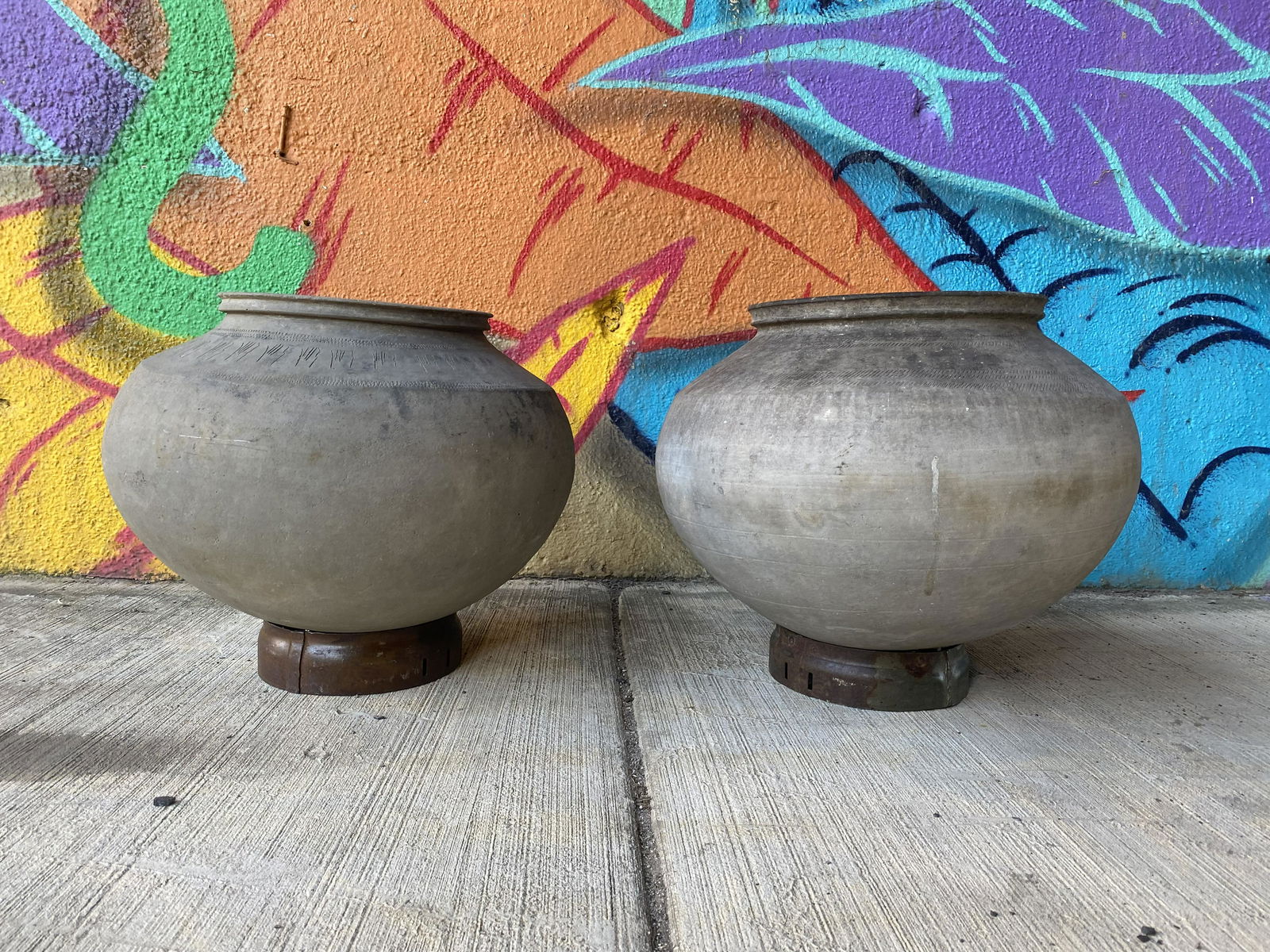 Pair Oversized Gray Terra Cotta Vessels on stands (1 of 5)