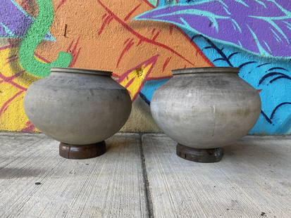 Pair Oversized Gray Terra Cotta Vessels on stands: 15 in tall 19 in diameter