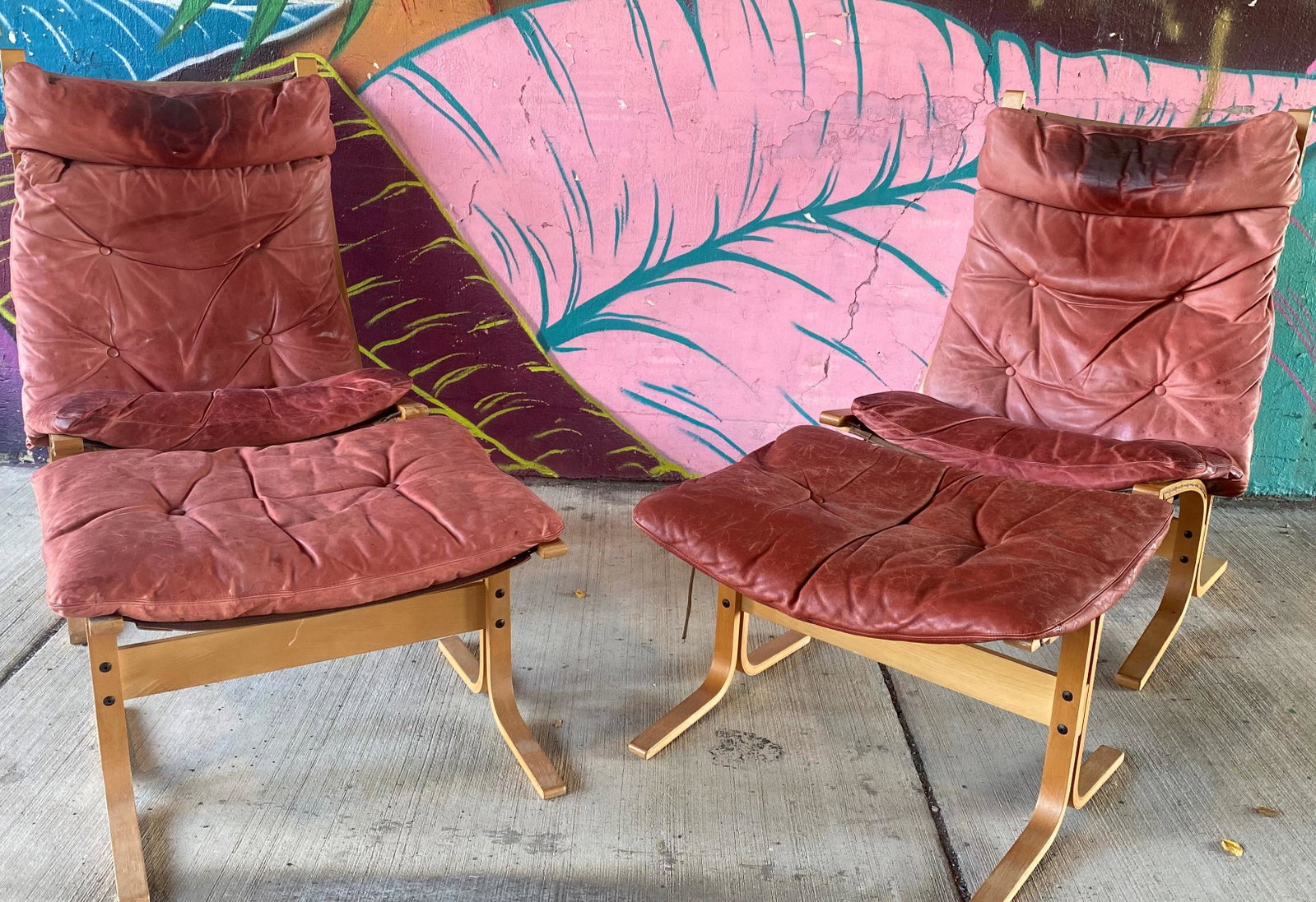 Pair Ingmar Relling Siesta Chairs & Foot Stools Norway: 39in T x 26 1/2in W x 32in D