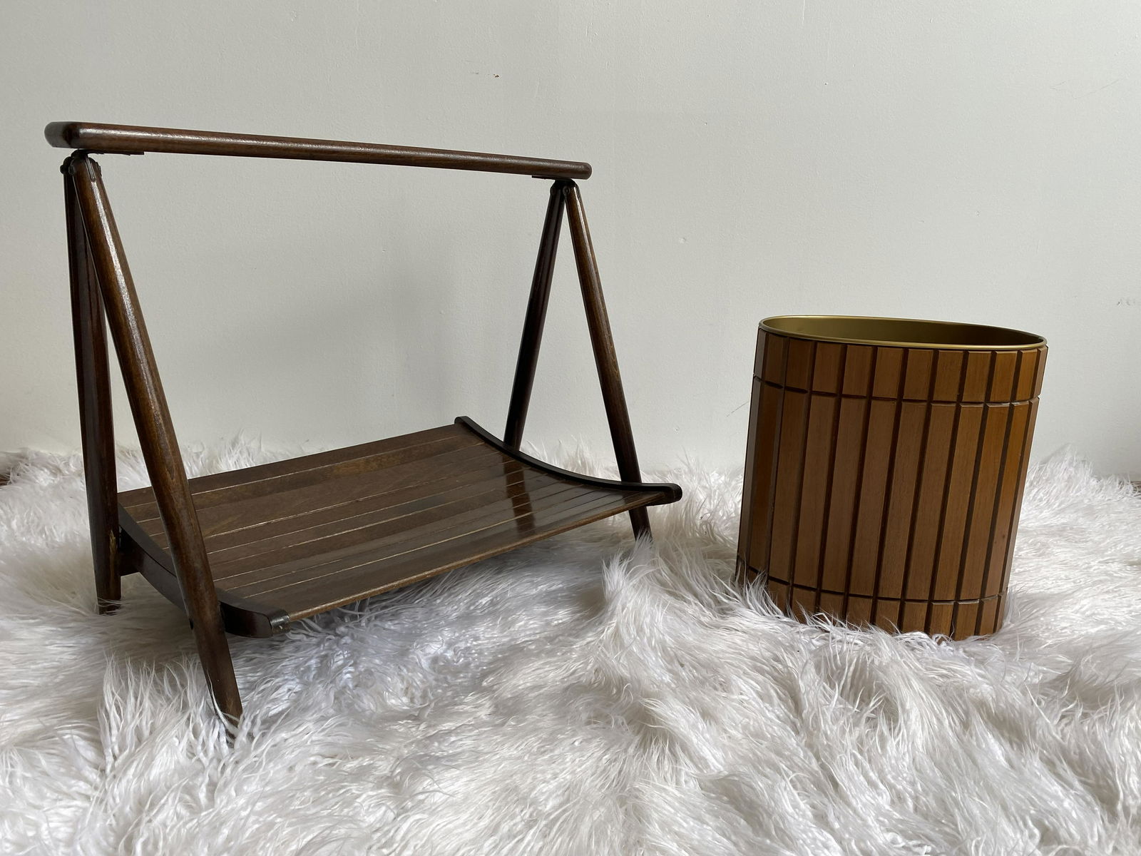 Mid Century Walnut Waste Basket & Folding Magazine Rack (1 of 8)