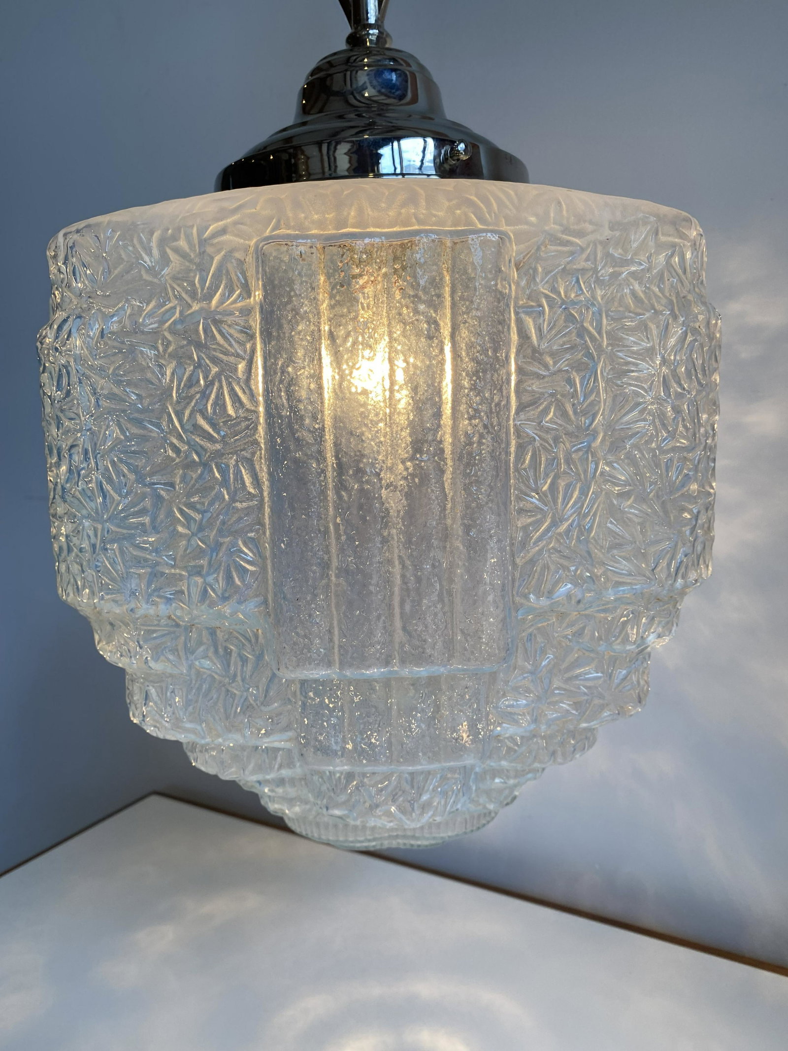 Art Deco Glass Skyscraper Pendant Light: Shade: 13in L x 12in diameter Chain/Bracket: 24in L