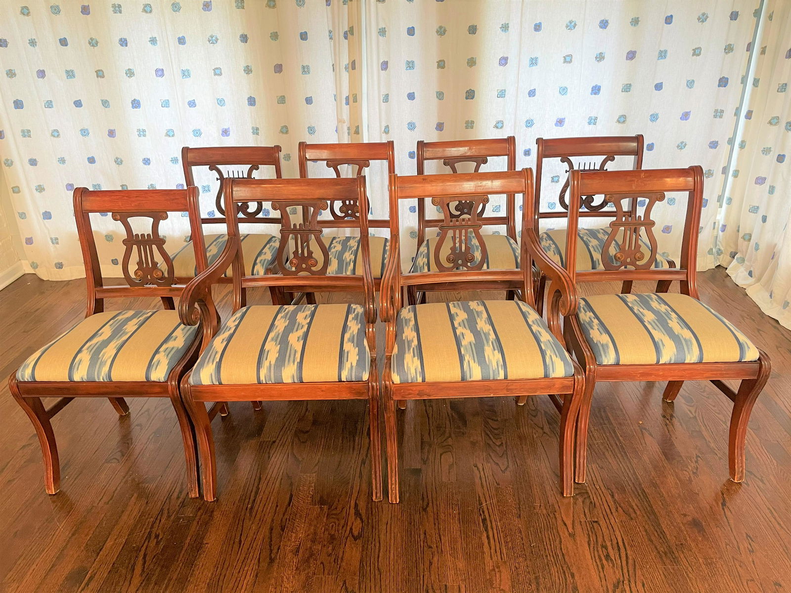 8 Duncan Phyfe w Ikat Print Upholstery: set of 6 match they are 24 in tall to back 18 in tall to seat 20 in w & d, to larger are 35in tall 18 to seat 22 x 19