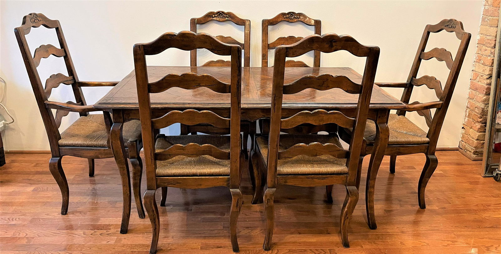 Country French Dining Room Table & Chairs: Table: 60in L x 26in W x 29in T ; Side chairs: 44in T to back x 18in T to seat x 18in W x 17 1/2in D Head Chairs: 44in T to back x 18in T to seat x 23in W x 19in D