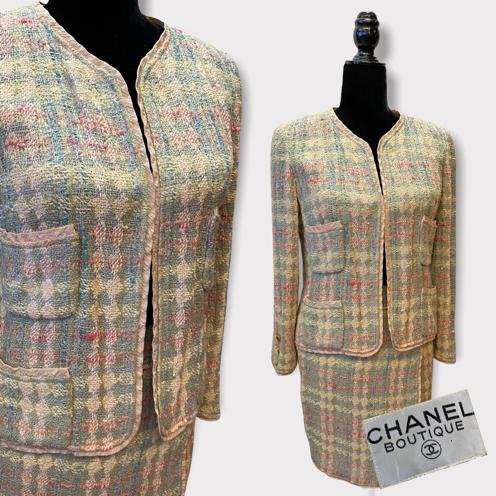 Vintage CHANEL Boutique Pastel Tweed Skirt Suit sz 36: Size: 36. Slight discoloring on back of neck with some wear on collar