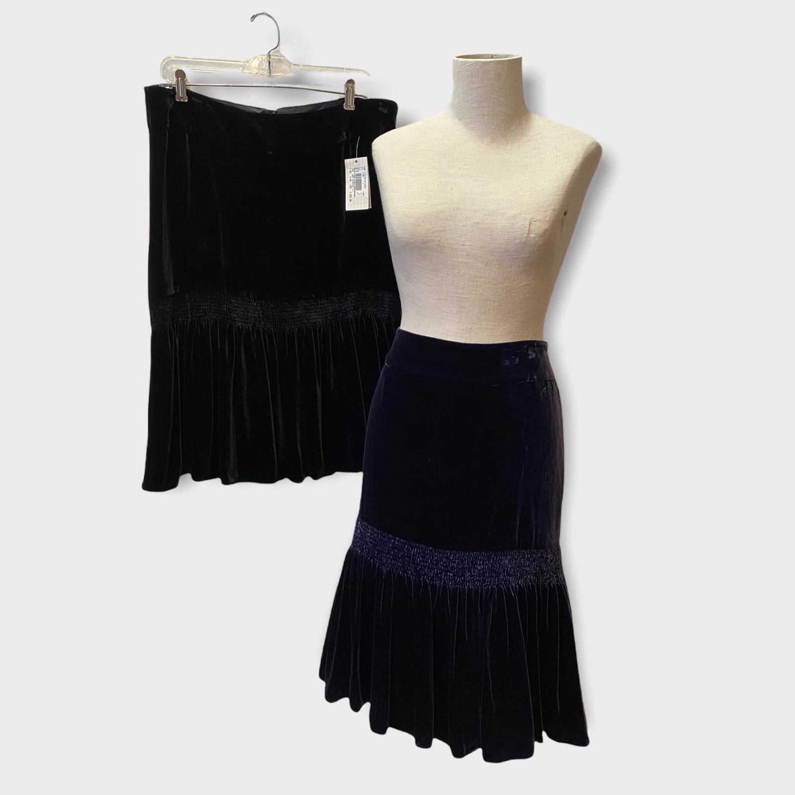 2 GIORGIO ARMANI Velvet Prairie Skirts w Original Tags: Black skirt: size 46, Blue: size: 48. New with original tags.