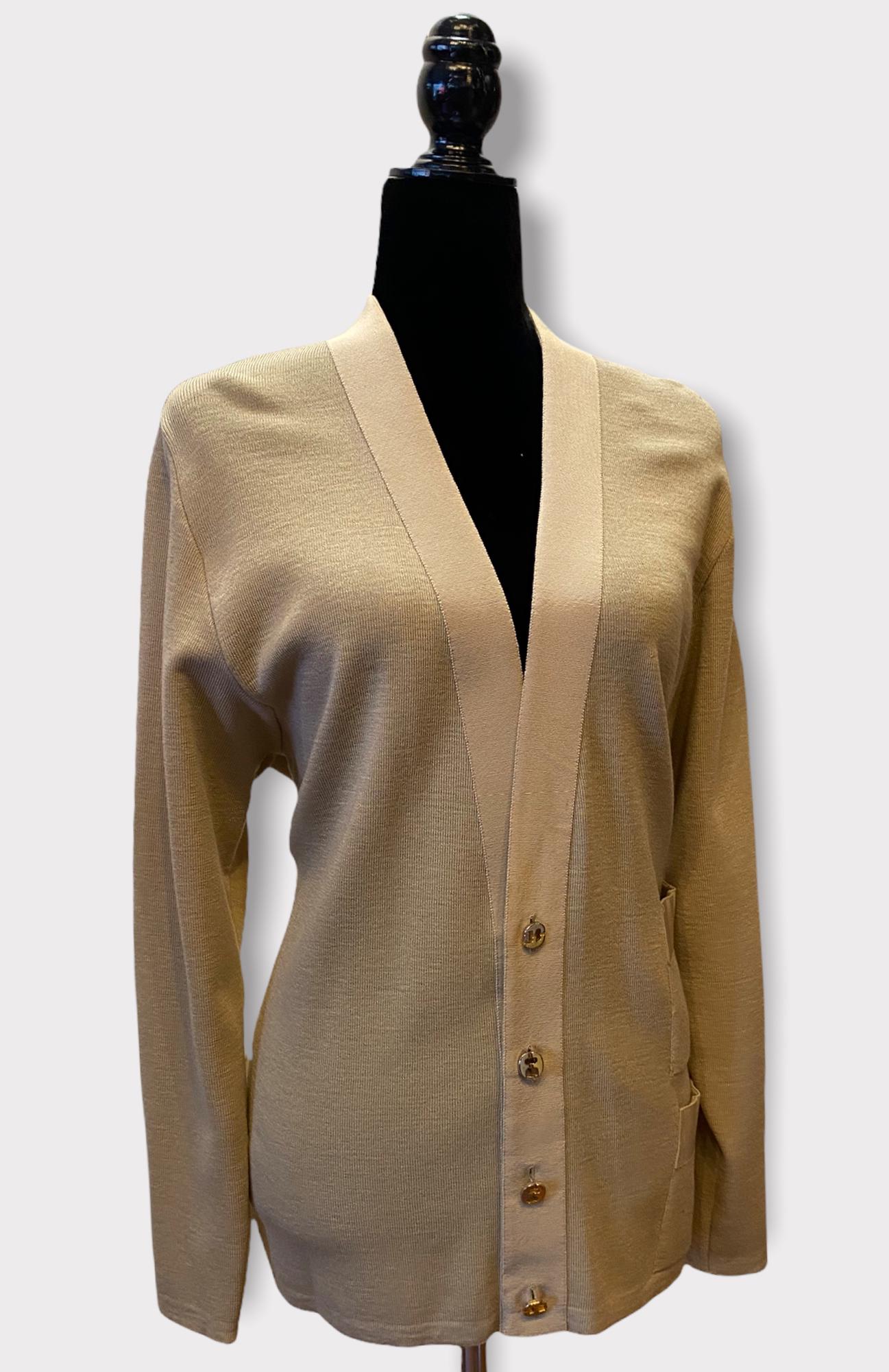 Vintage SALVATORE FERRAGAMO Cardigan Sweater: 36 in chest 28. 5 length , bit of staining on front, bottom button has to be reattached