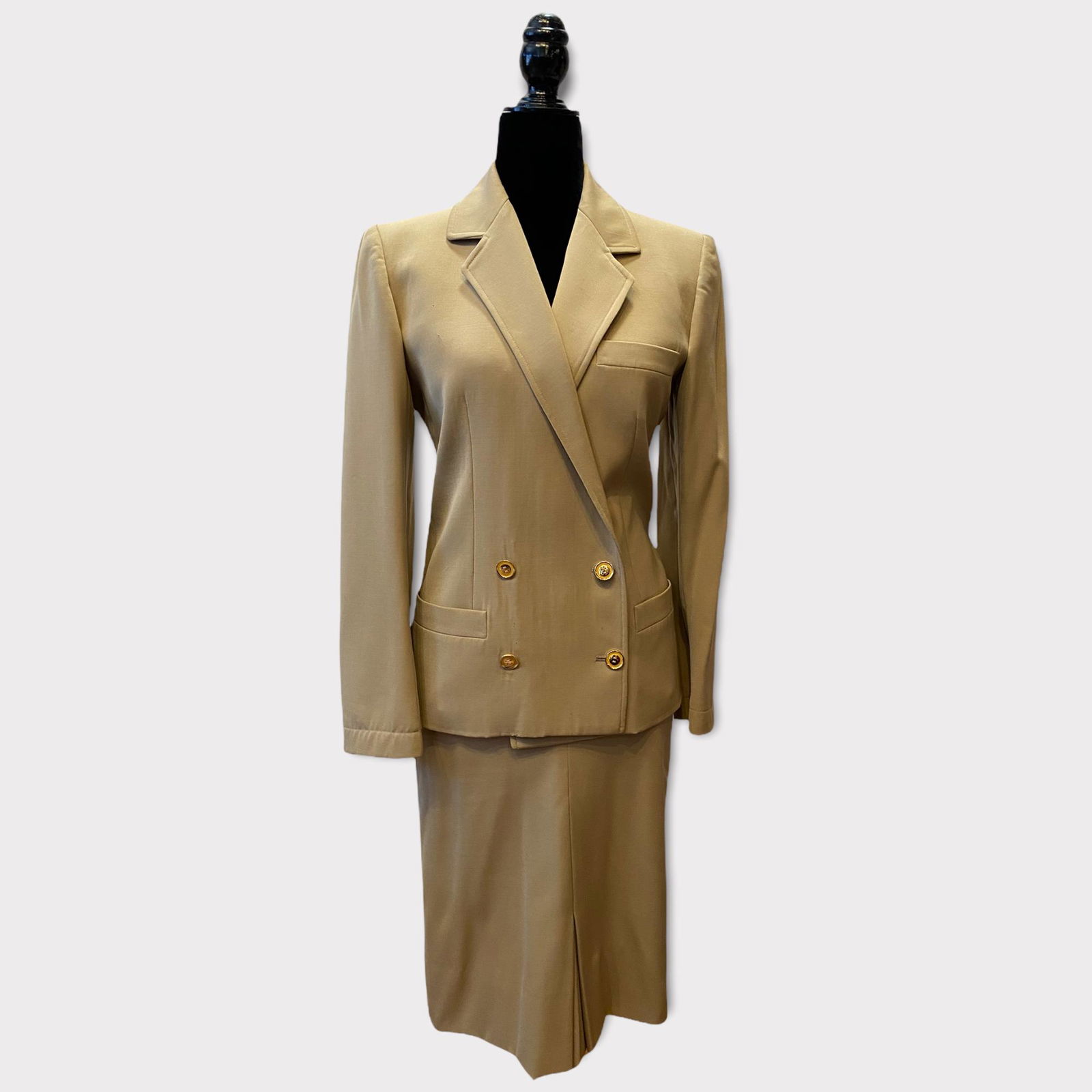 Vintage GUCCI Ladies Tan Double Breasted Skirt Suit sz: size 42 , double breasted , some light staining and small holes , 28 in waist on skirt