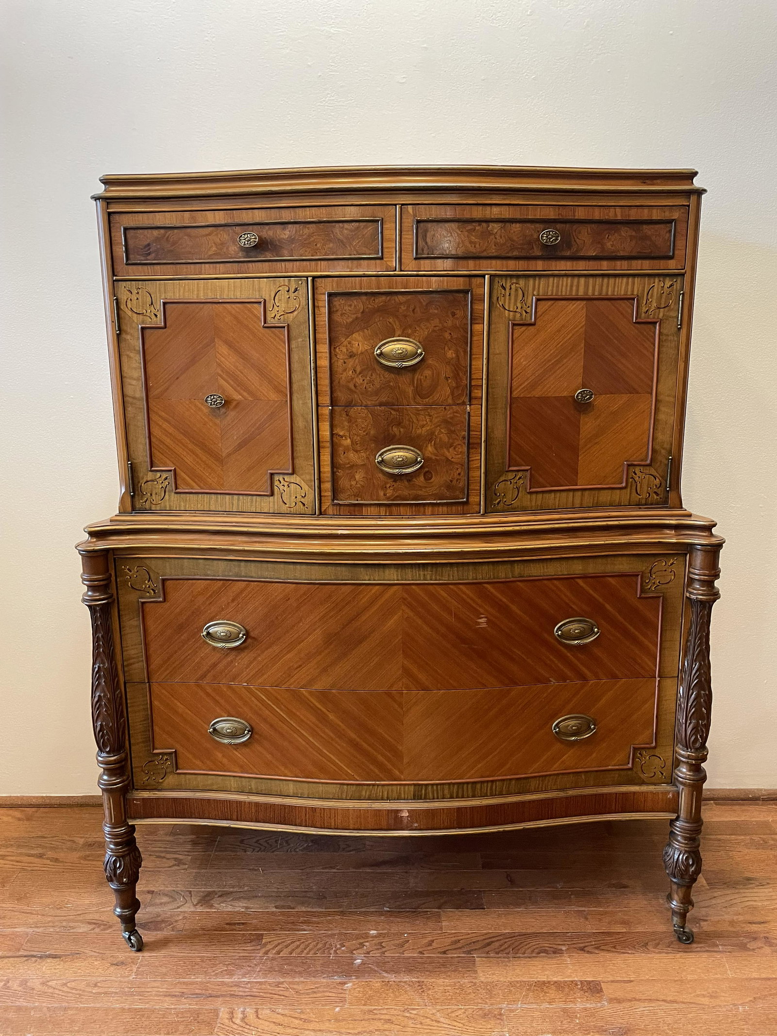 Art Deco French Satinwood Highboy Dresser: 53 1/2in T x 42in L x 19in D