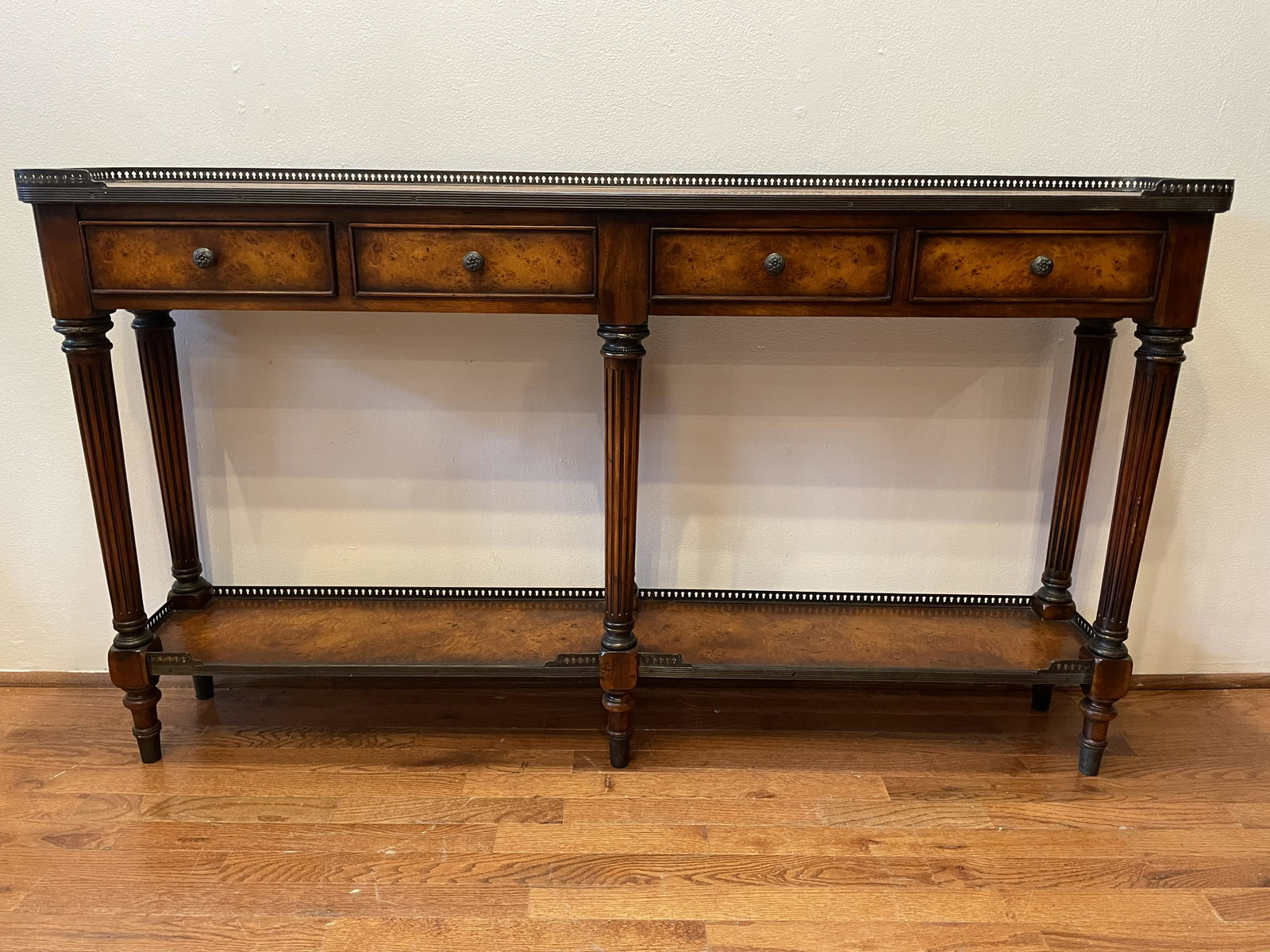 Burled Mahogany Console: 58.25 L, 11 in deep, 33 in tall to apron