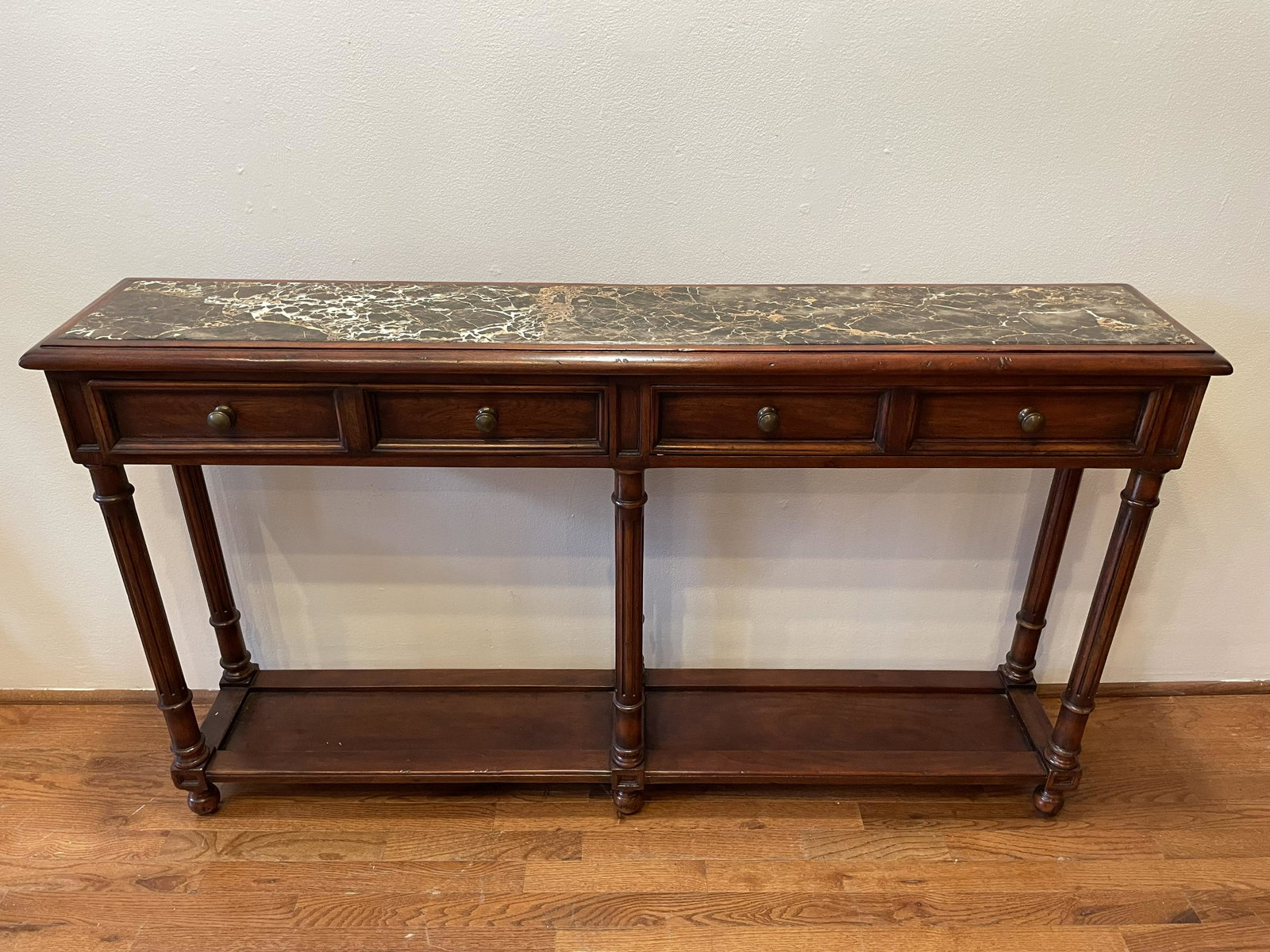 Marble Top Walnut Console: 58in long 11.25 deep, 33.5 in tall