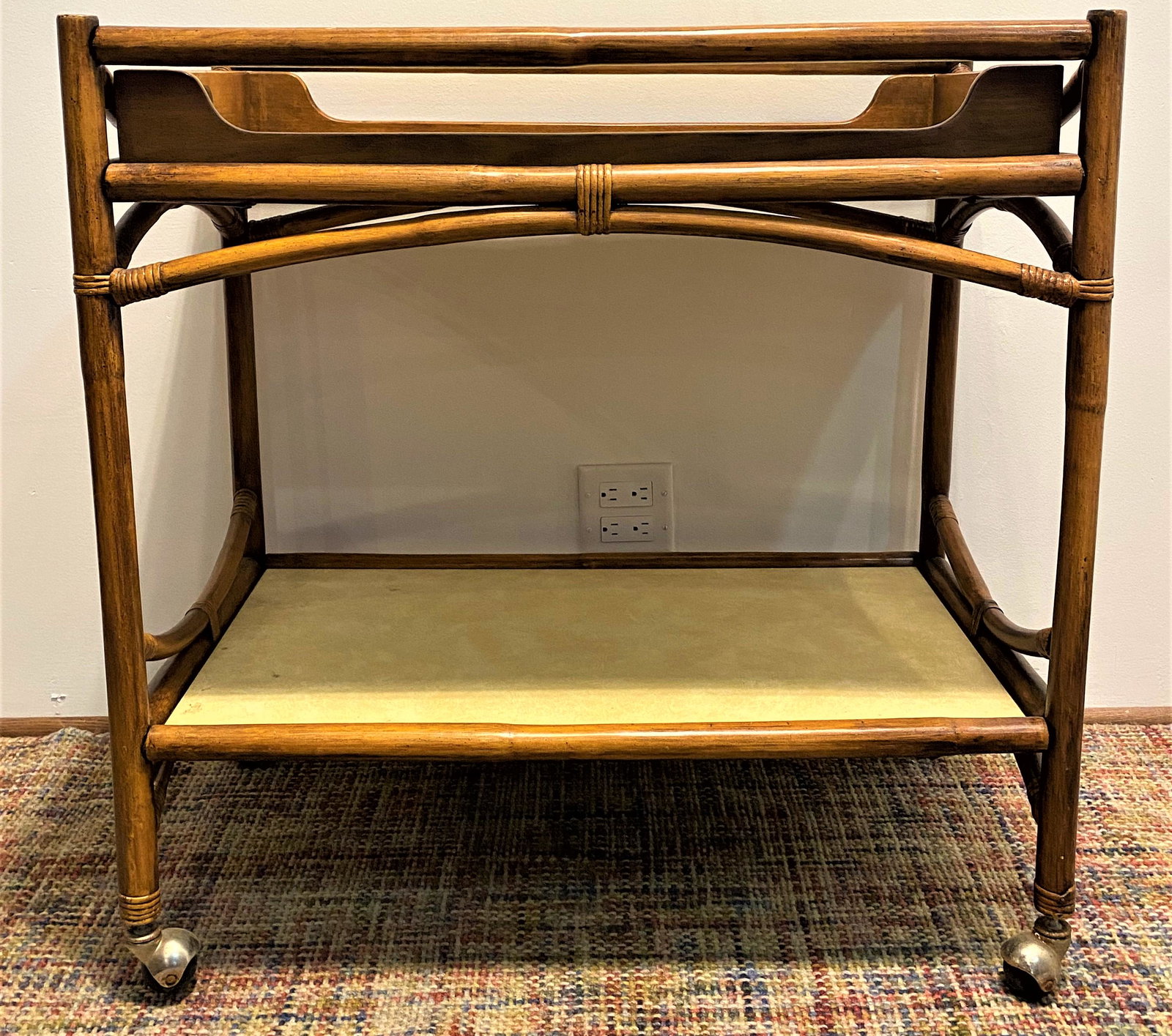Rattan Bar Cart: 34.5 in at tallest, 34 in long 19.75 deep, removable tray 31 x 16.5