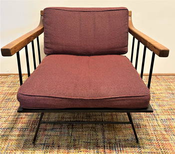 RICHARD McCARTHY  Mid Century Metal & Teak Arm Chair: 24in T to back x 13in T to seat x 24 1/2in W x 24 1/2in D ; no feet