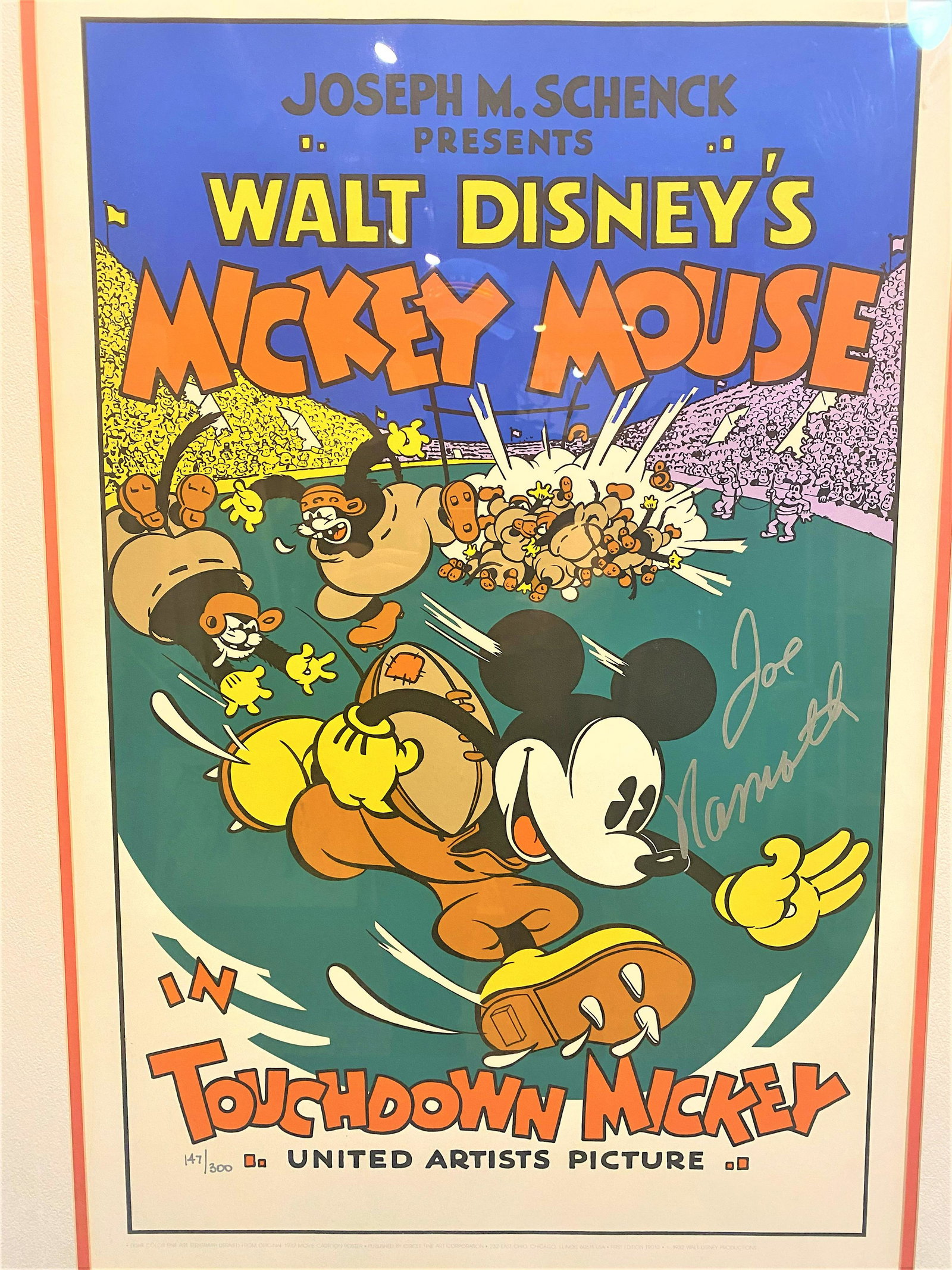 Autographed JOE NAMATH Mickey Mouse Football Poster: 38in x 27 3/4in