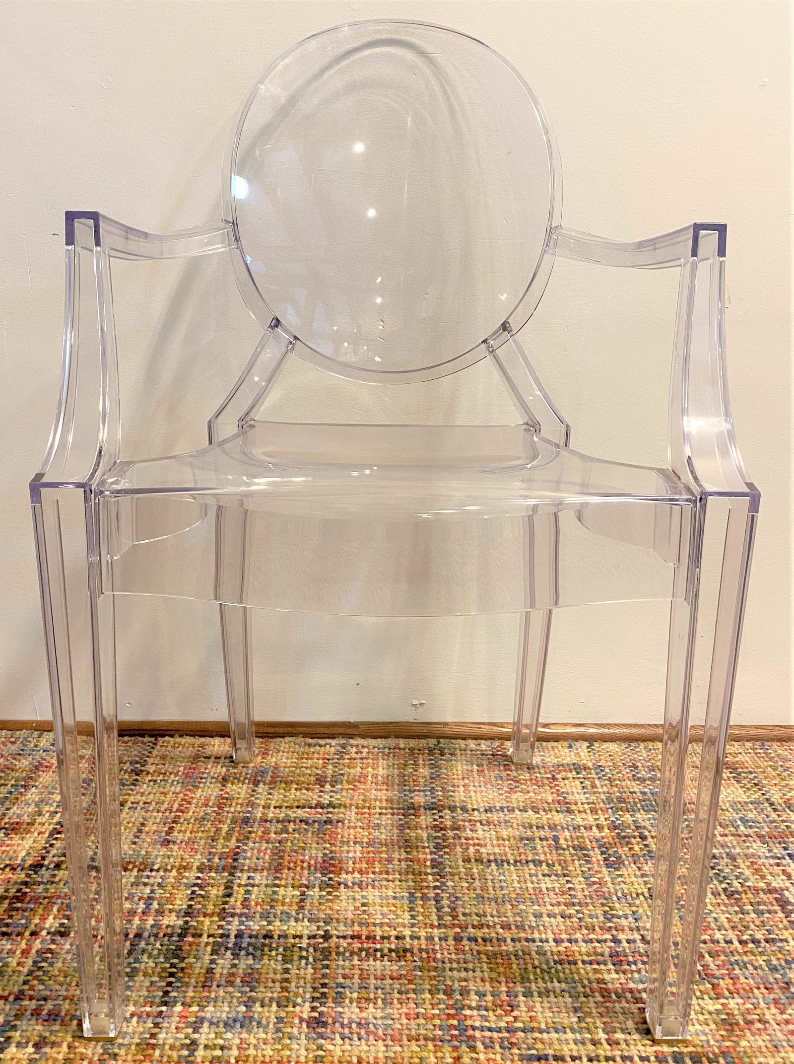 KARTELL Ghost Chair: 36.5 to back, 19 to seat, 22.25 deep, 21.25 across arms